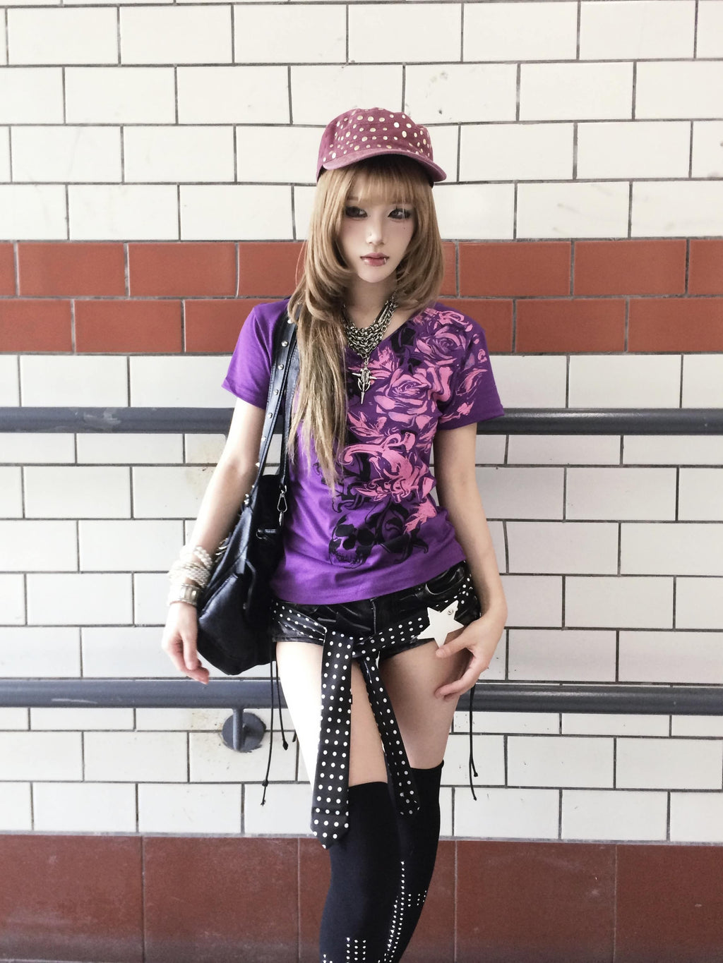 linzerooo_Purple_Floral_Y2k_V-neck_Punk_Slim_Fit_Women's_Polyester_Cotton_Short_Sleeve_T-shirts_1075672069922_MISSTT