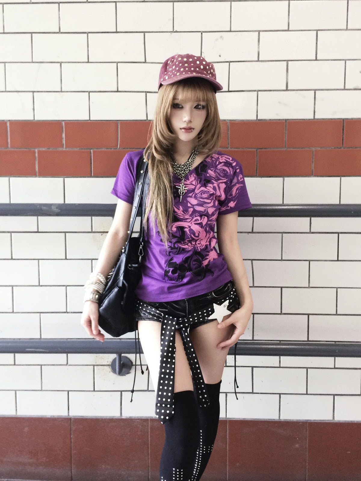 linzerooo_Purple_Floral_Y2k_V-neck_Punk_Slim_Fit_Women's_Polyester_Cotton_Short_Sleeve_T-shirts_1075672069922_MISSTT