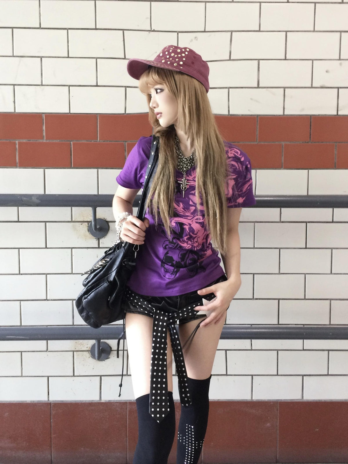 linzerooo Purple Floral Y2k V-neck Punk Slim Fit Women's Polyester Cotton Short Sleeve T-shirts