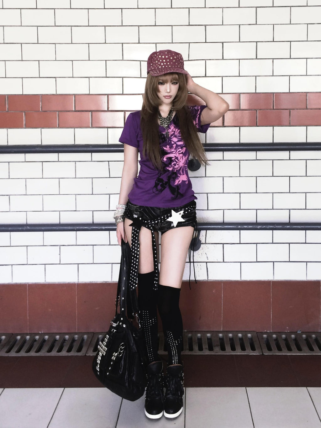 linzerooo Purple Floral Y2k V-neck Punk Slim Fit Women's Polyester Cotton Short Sleeve T-shirts