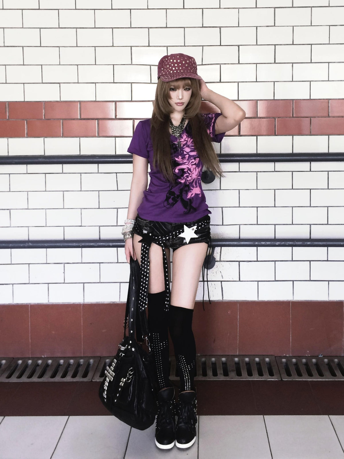 linzerooo Purple Floral Y2k V-neck Punk Slim Fit Women's Polyester Cotton Short Sleeve T-shirts