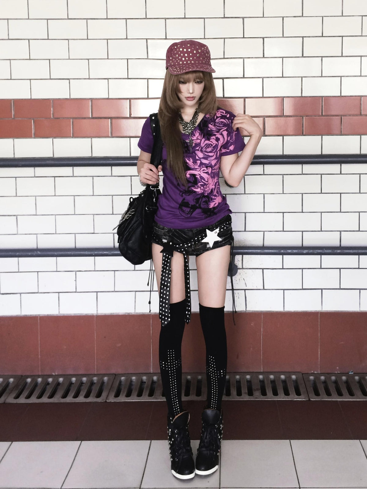 linzerooo Purple Floral Y2k V-neck Punk Slim Fit Women's Polyester Cotton Short Sleeve T-shirts