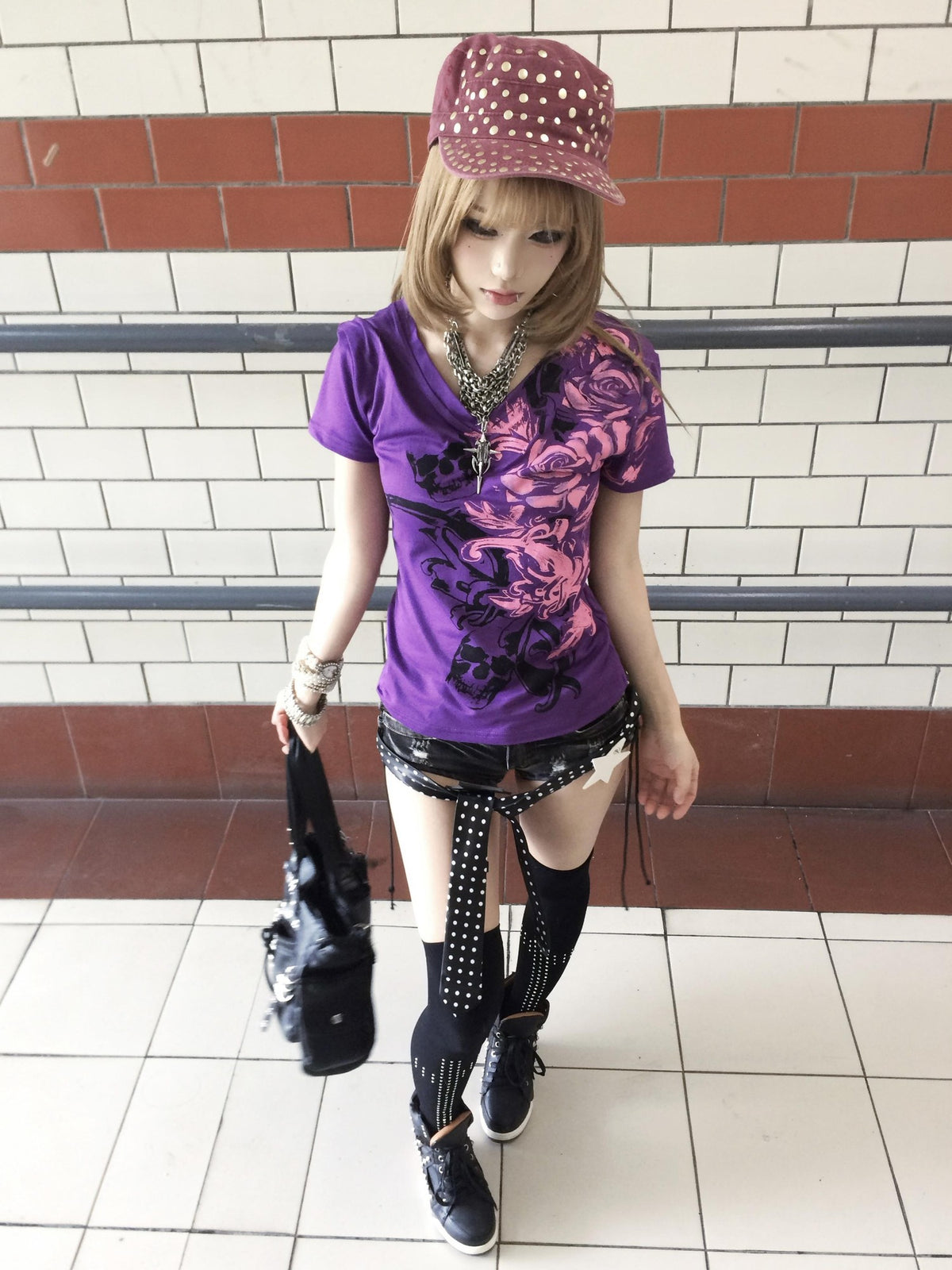 linzerooo Purple Floral Y2k V-neck Punk Slim Fit Women's Polyester Cotton Short Sleeve T-shirts