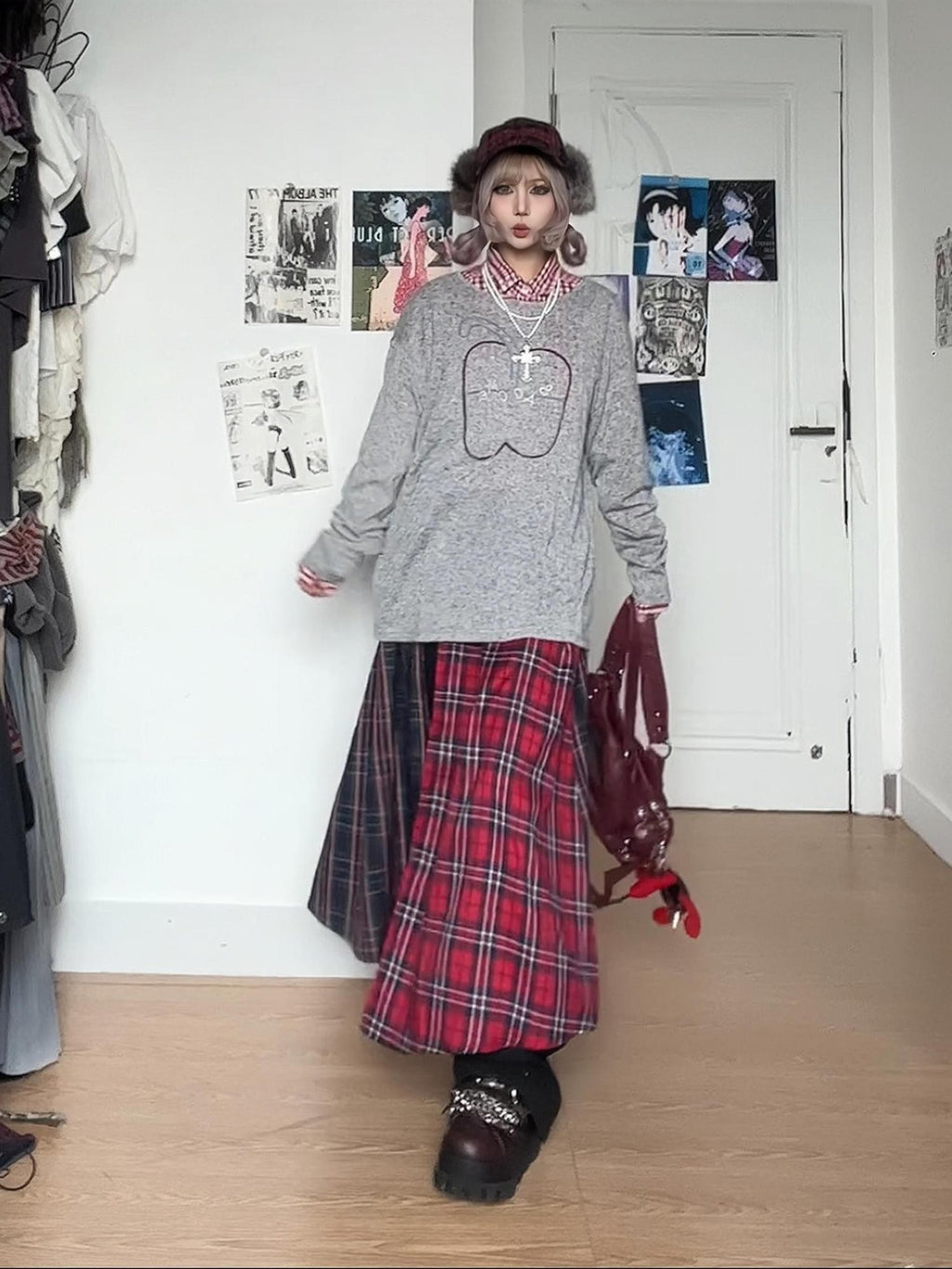 linzerooo Red Plaid Patchwork High Waist Slit Women's Polyester Maxi Skirts