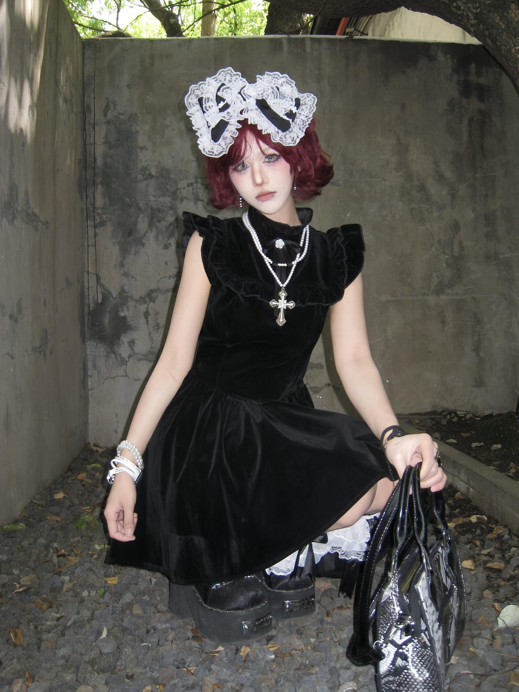 linzerooo Velvet Bow Tie Puff Sleeve High Waist Women's Princess Casual Midi Dresses