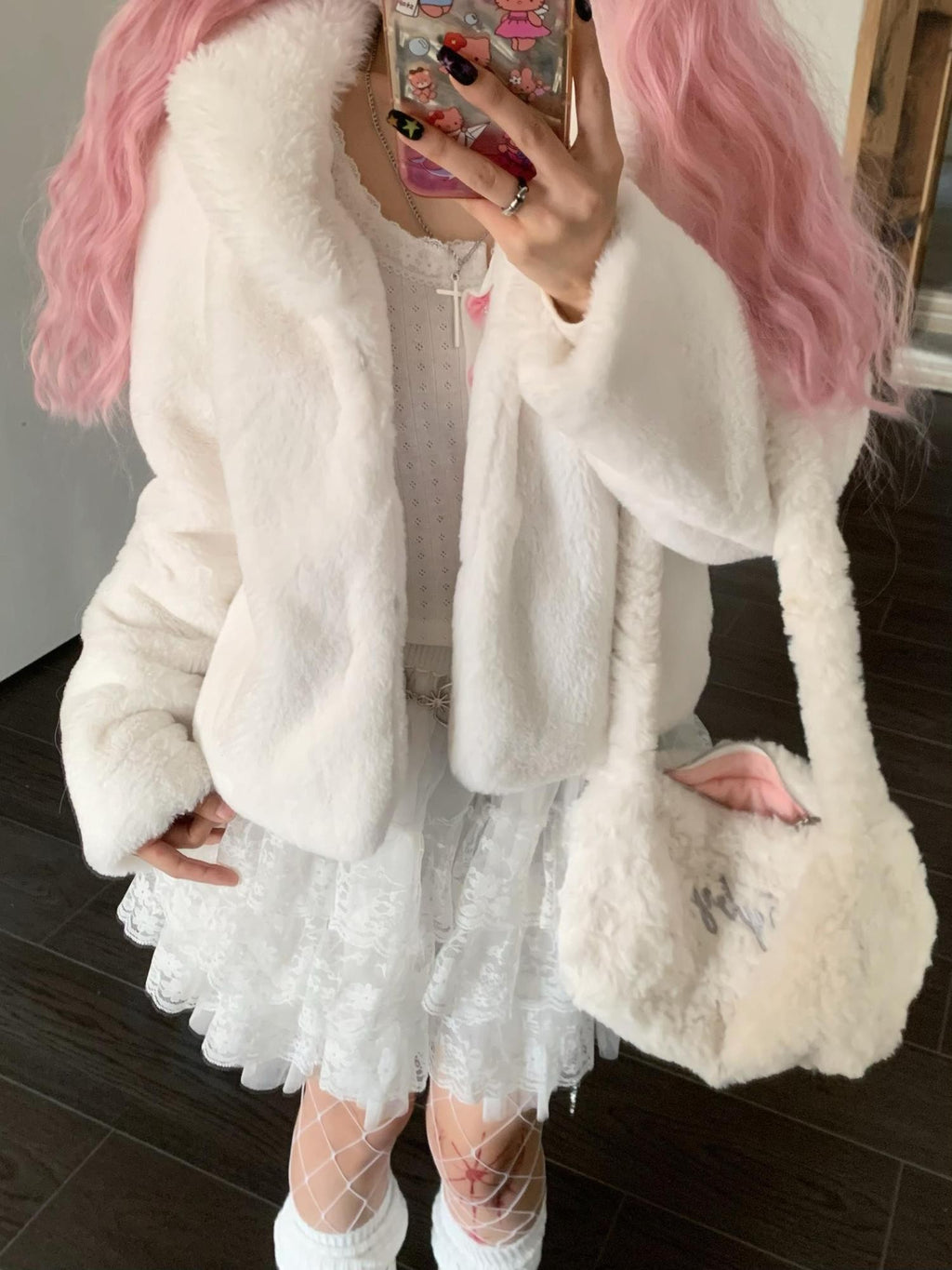linzerooo Y2k Fuzzy Faux Fur White Women's Sweet Style Puffer Jackets