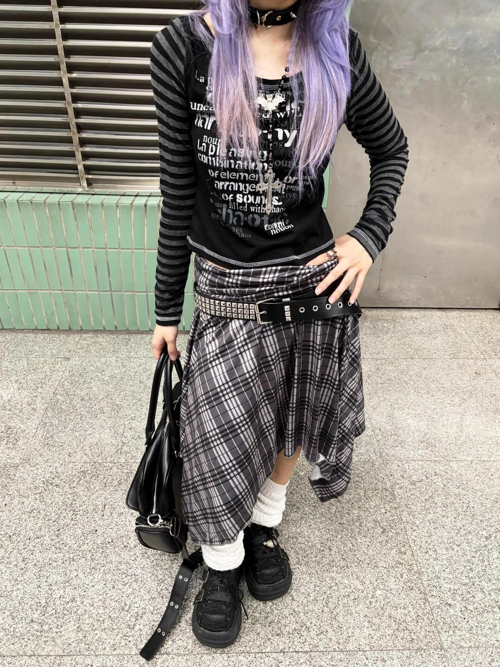 linzerooo Y2k Punk Plaid Color Block Asymmetric High Waist Women's Polyester Midi Skirts