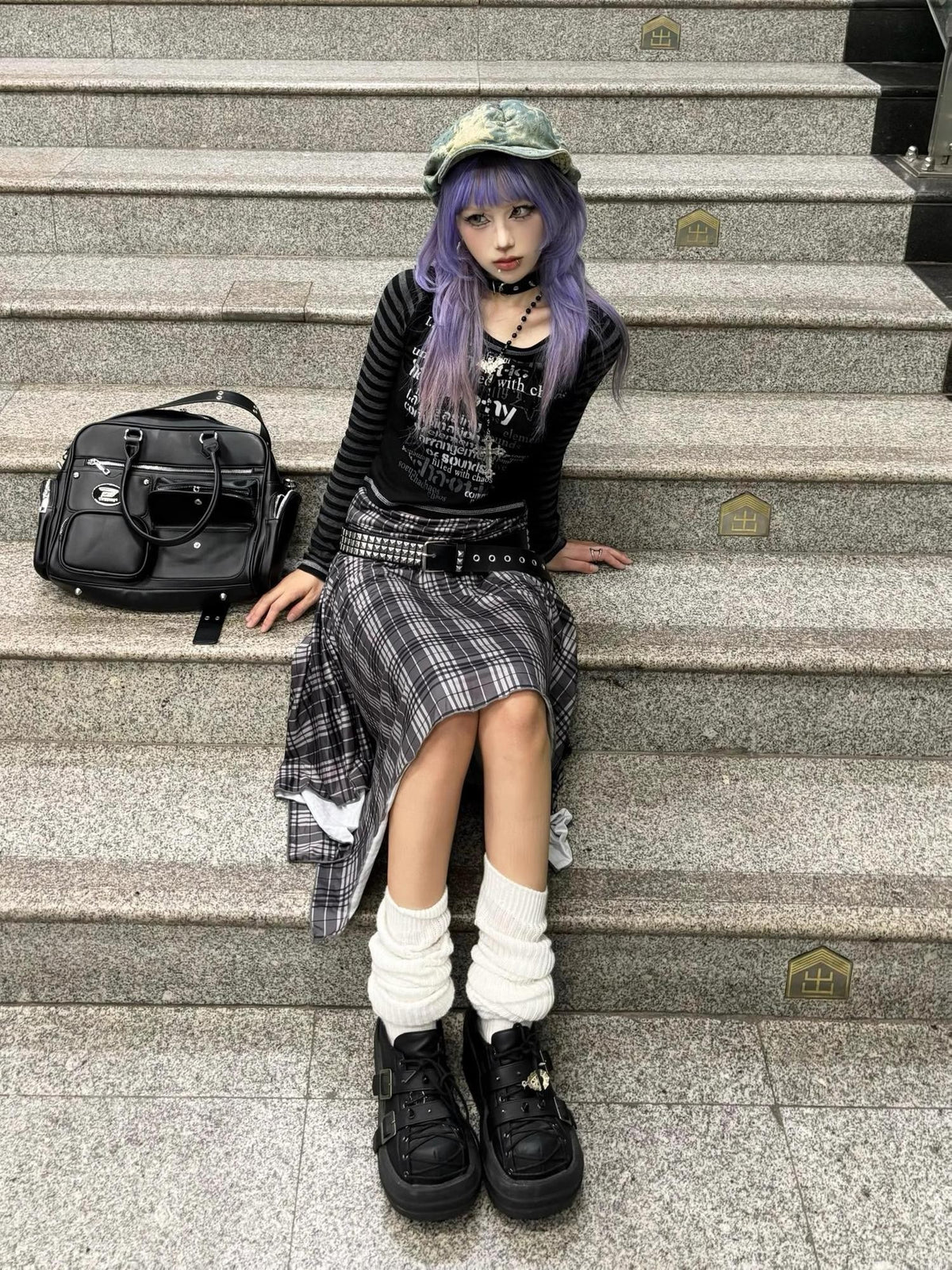 linzerooo Y2k Punk Plaid Color Block Asymmetric High Waist Women's Polyester Midi Skirts