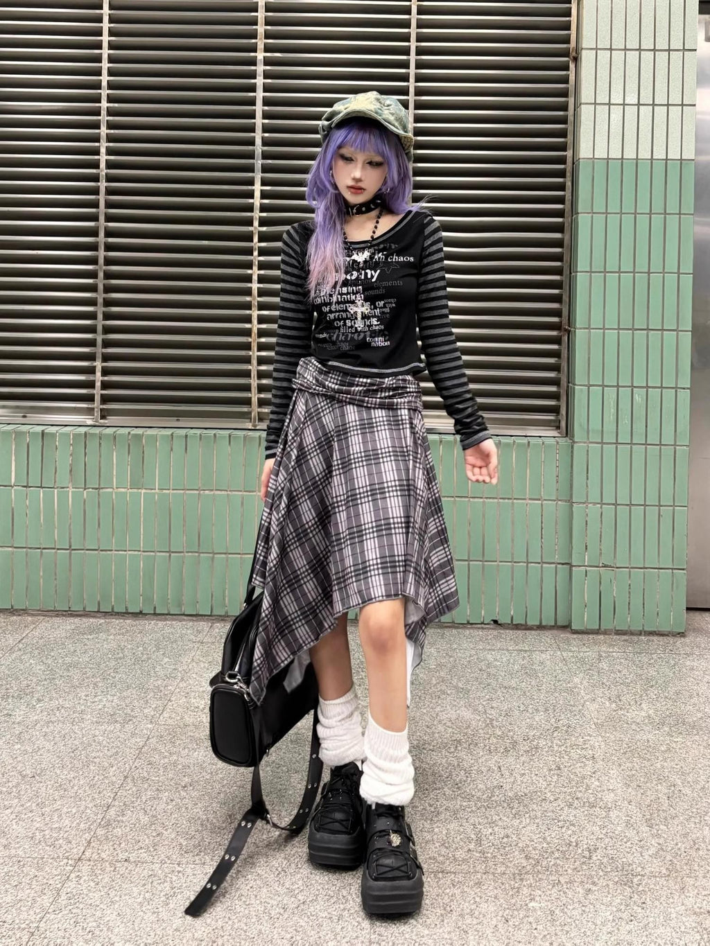 linzerooo Y2k Punk Plaid Color Block Asymmetric High Waist Women's Polyester Midi Skirts