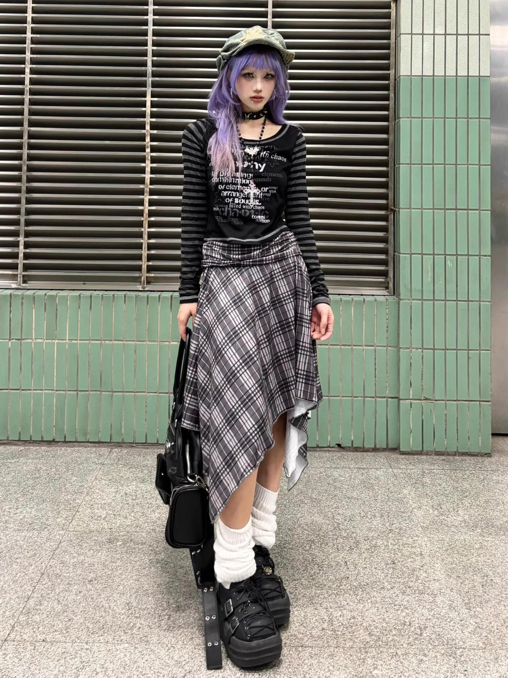 linzerooo Y2k Punk Plaid Color Block Asymmetric High Waist Women's Polyester Midi Skirts
