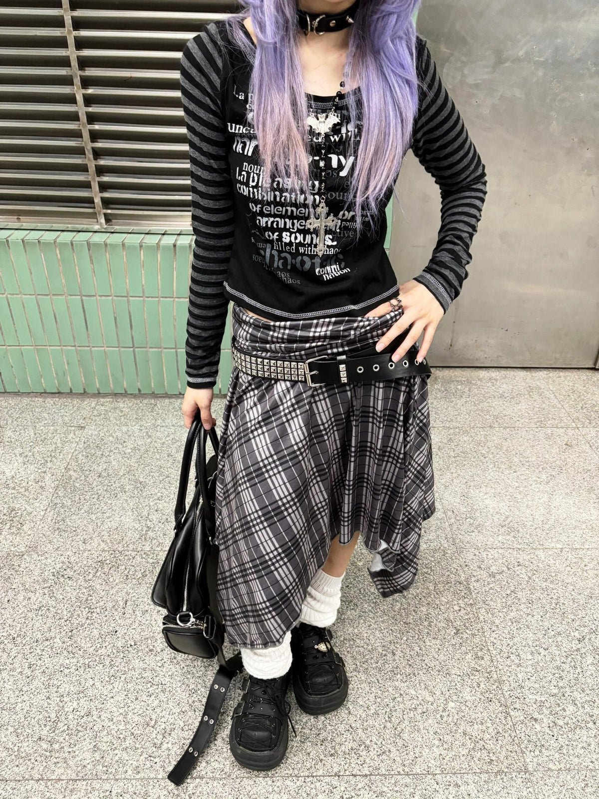 linzerooo Y2k Punk Plaid Color Block Asymmetric High Waist Women's Polyester Midi Skirts