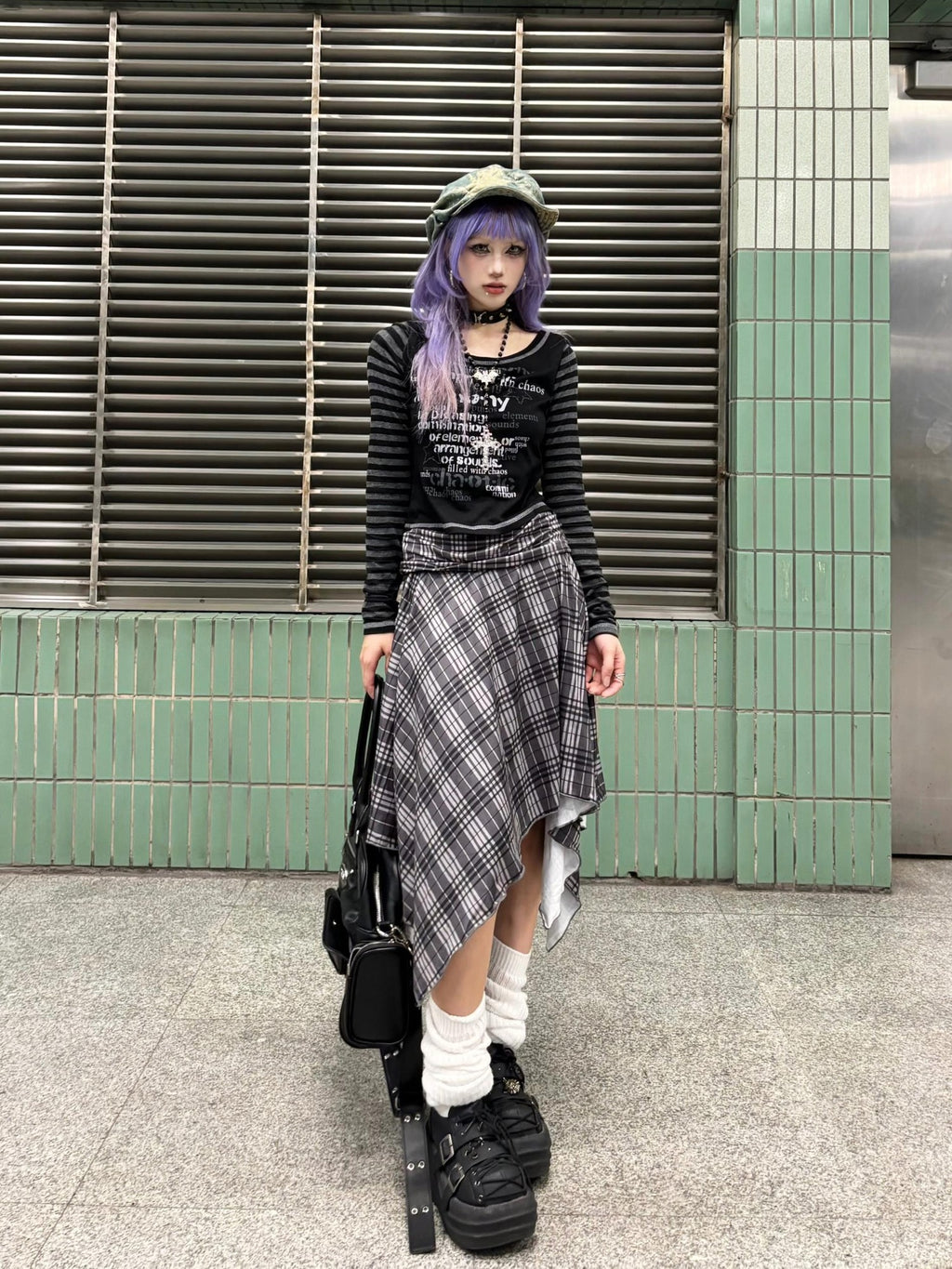 linzerooo Y2k Punk Plaid Color Block Asymmetric High Waist Women's Polyester Midi Skirts