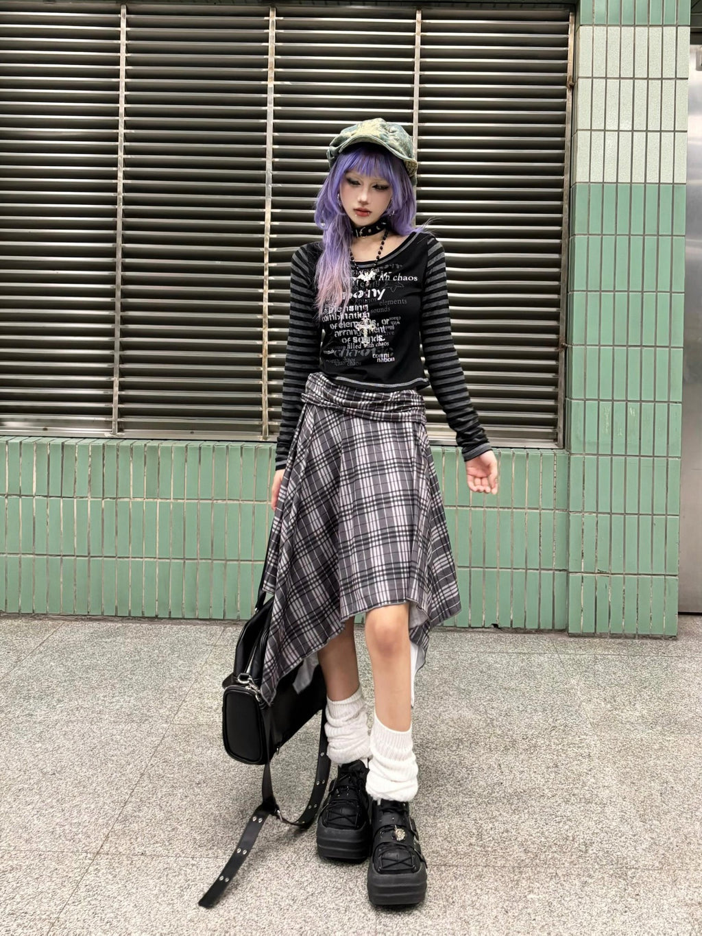 linzerooo Y2k Punk Plaid Color Block Asymmetric High Waist Women's Polyester Midi Skirts