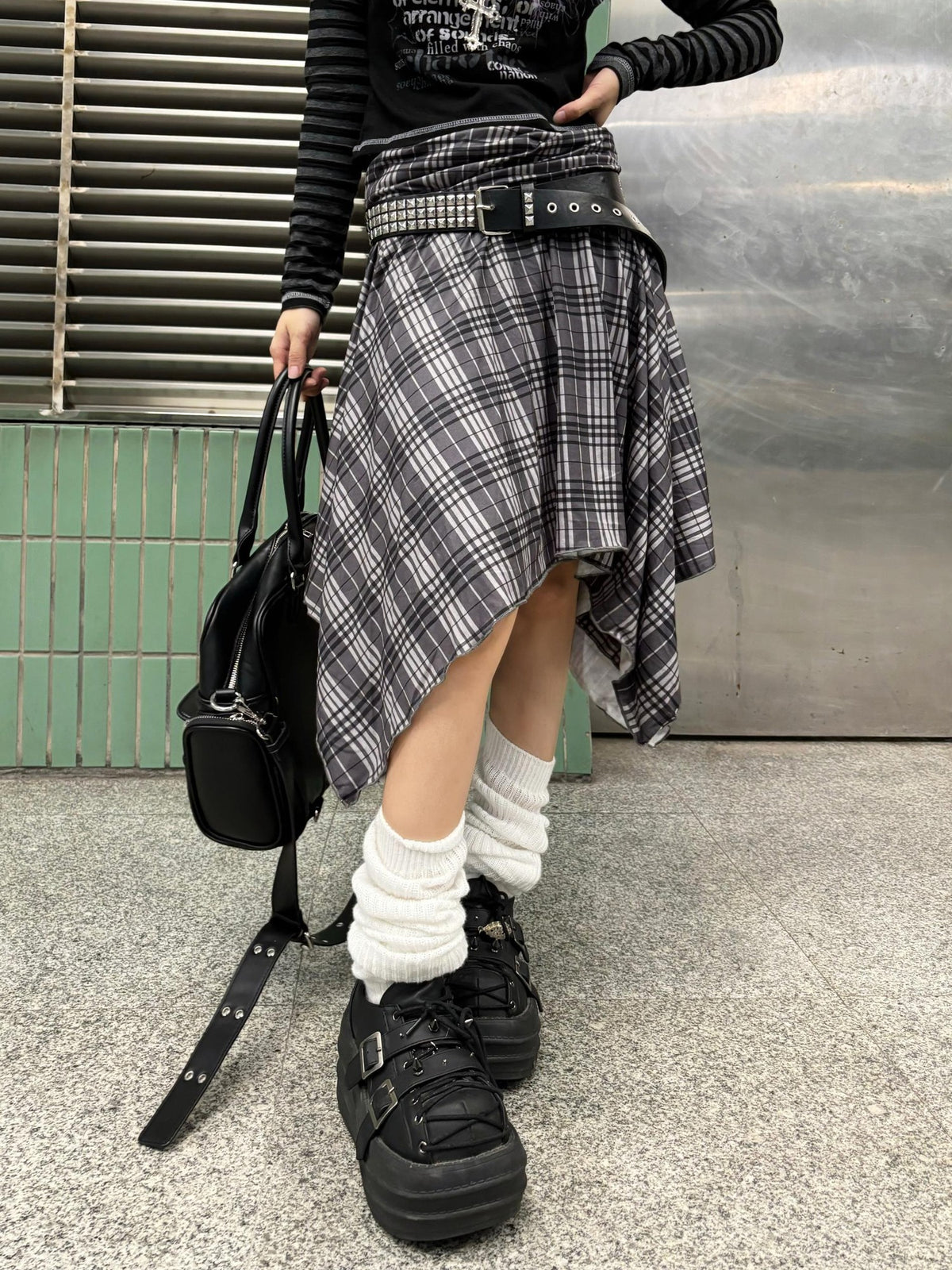 linzerooo Y2k Punk Plaid Color Block Asymmetric High Waist Women's Polyester Midi Skirts