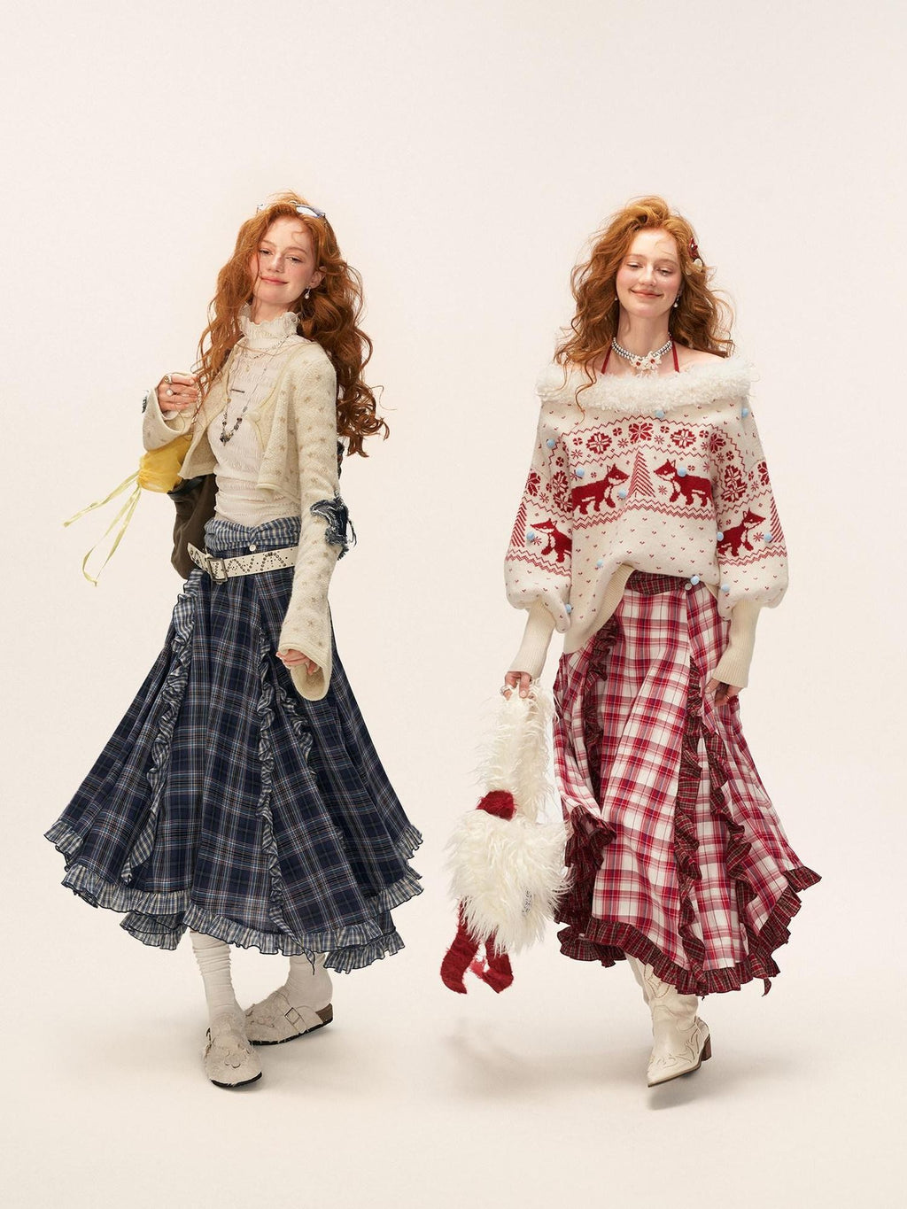 mamc Asymmetric Ruffled Hem Patchwork Plaid Women's Other Fabric Maxi Skirts