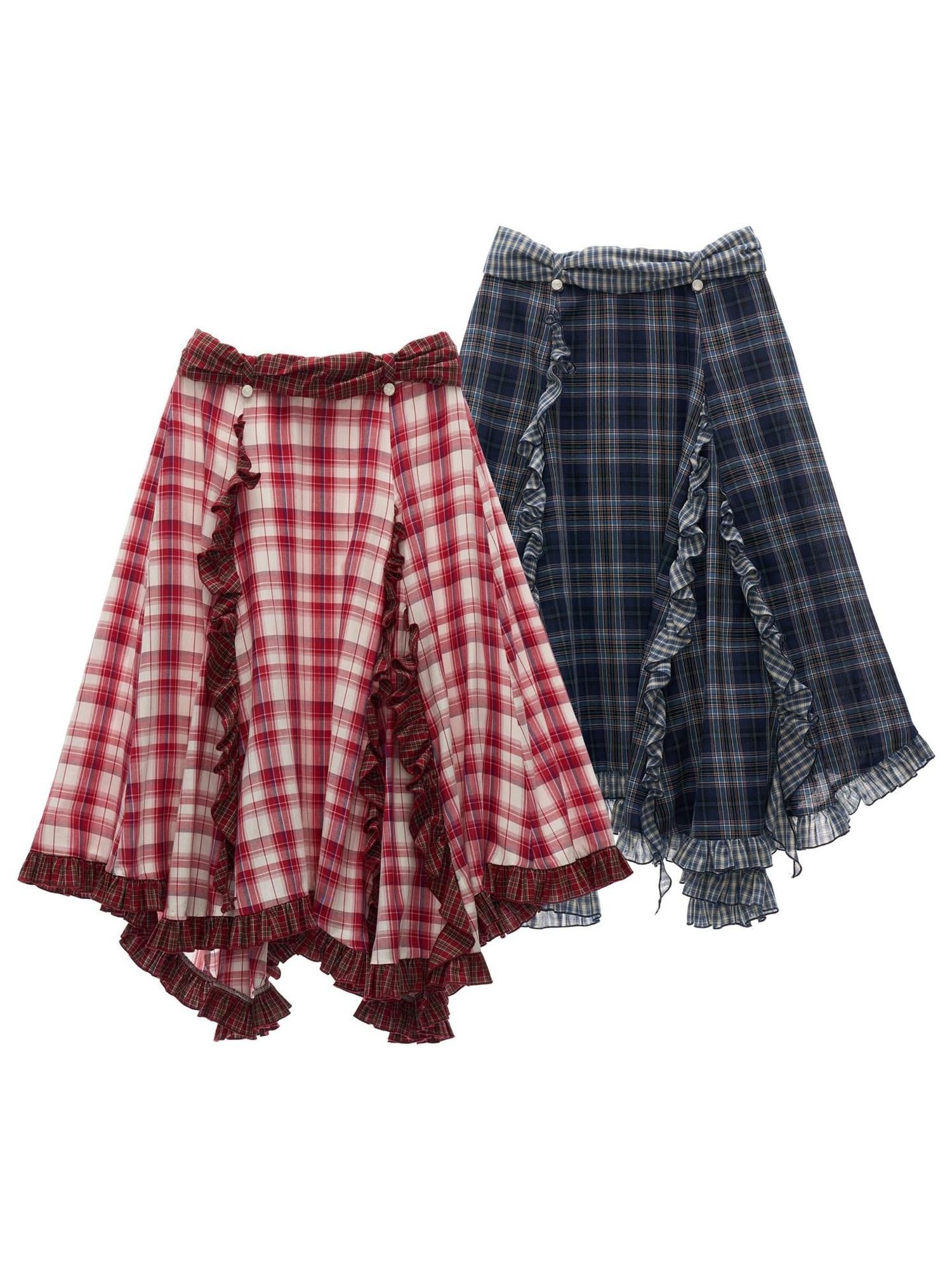 mamc Asymmetric Ruffled Hem Patchwork Plaid Women's Other Fabric Maxi Skirts