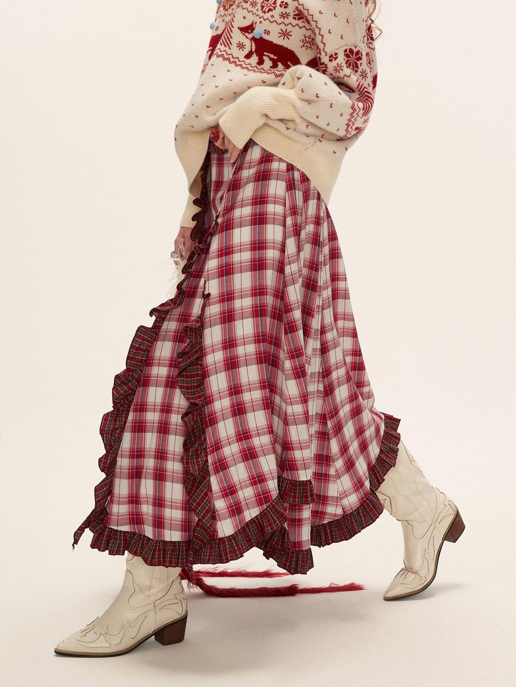 mamc Asymmetric Ruffled Hem Patchwork Plaid Women's Other Fabric Maxi Skirts