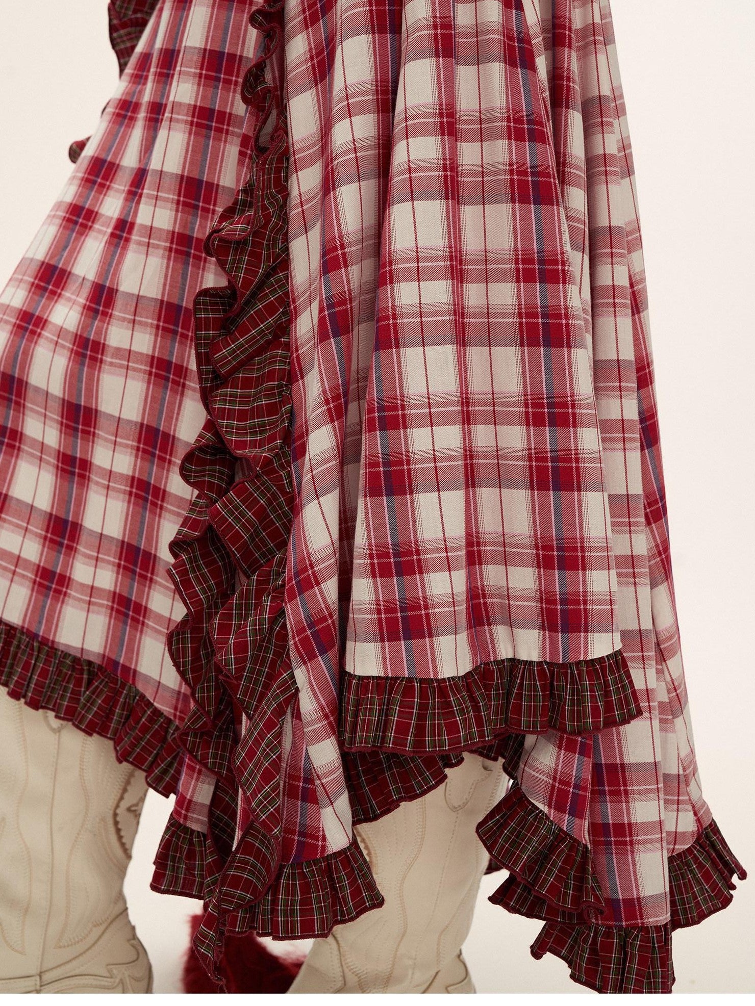 mamc Asymmetric Ruffled Hem Patchwork Plaid Women's Other Fabric Maxi Skirts