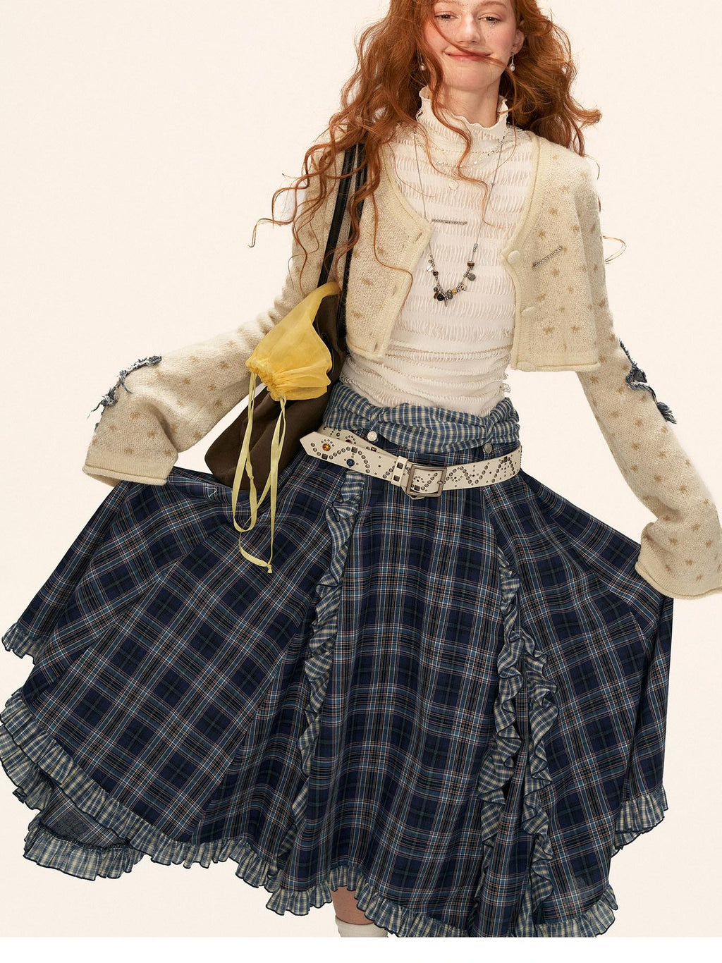 mamc Asymmetric Ruffled Hem Patchwork Plaid Women's Other Fabric Maxi Skirts