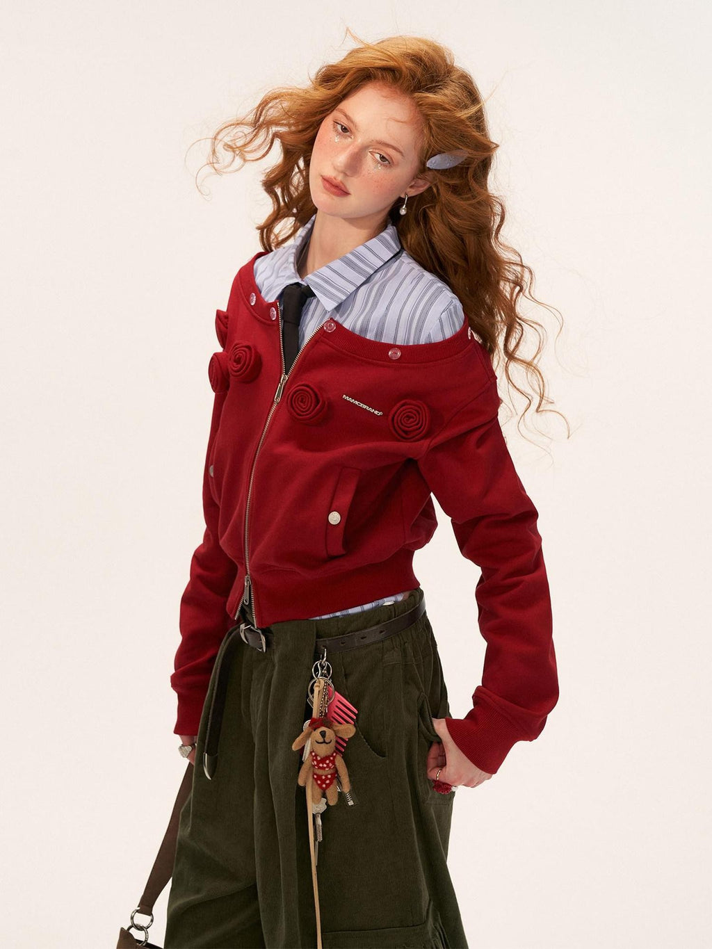 mamc Asymmetric Shoulder Detachable Fur Collar Dual Zip Floral Women's Cropped Jackets