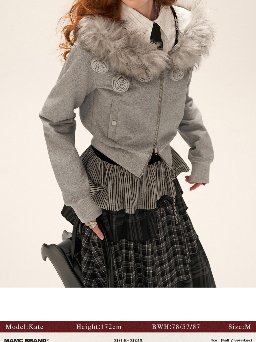mamc Asymmetric Shoulder Detachable Fur Collar Dual Zip Floral Women's Cropped Jackets