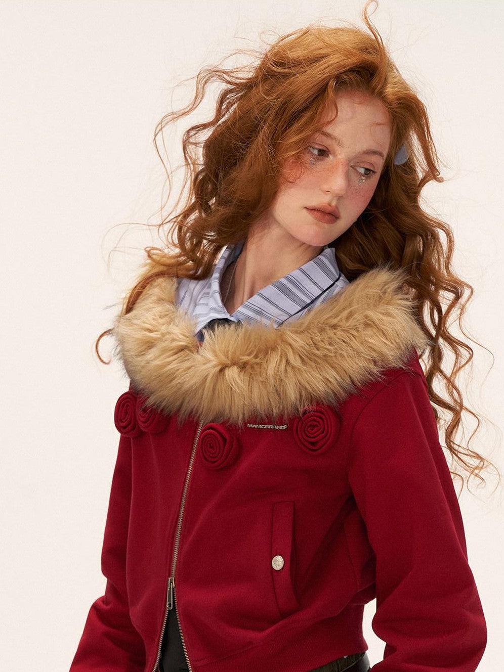 mamc Asymmetric Shoulder Detachable Fur Collar Dual Zip Floral Women's Cropped Jackets