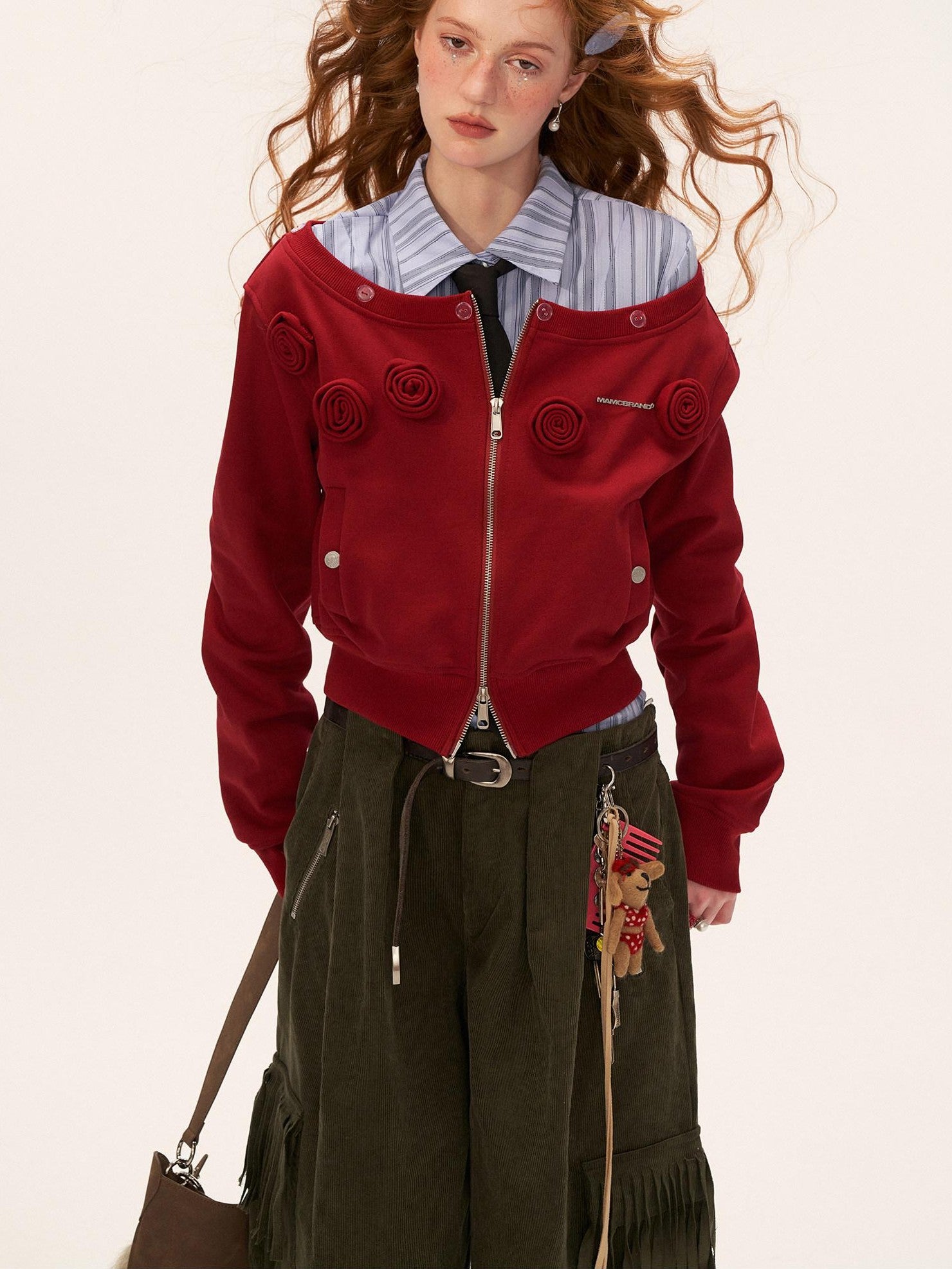 mamc Asymmetric Shoulder Detachable Fur Collar Dual Zip Floral Women's Cropped Jackets