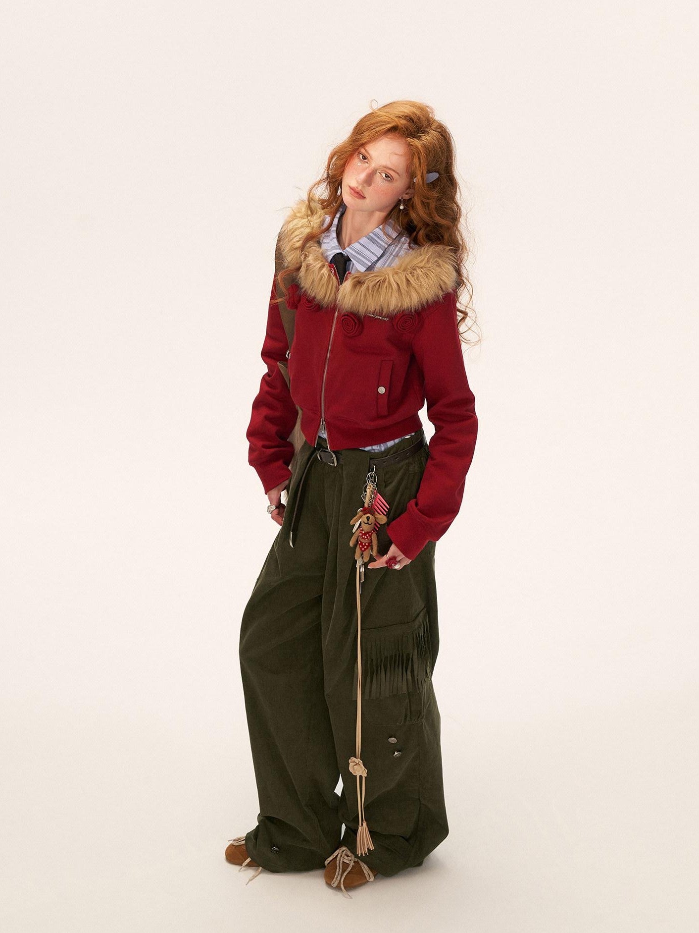 mamc Asymmetric Shoulder Detachable Fur Collar Dual Zip Floral Women's Cropped Jackets