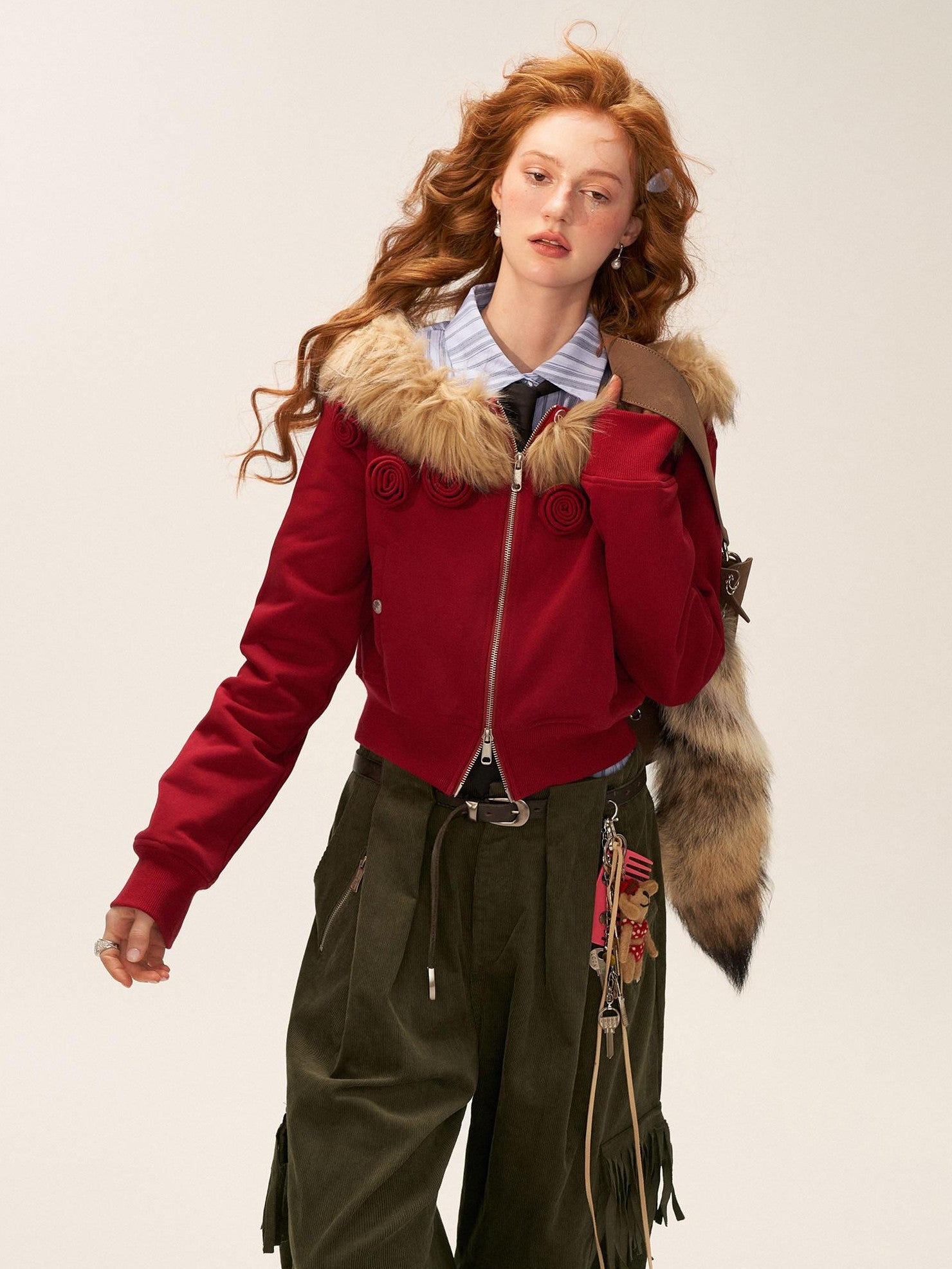 mamc Asymmetric Shoulder Detachable Fur Collar Dual Zip Floral Women's Cropped Jackets