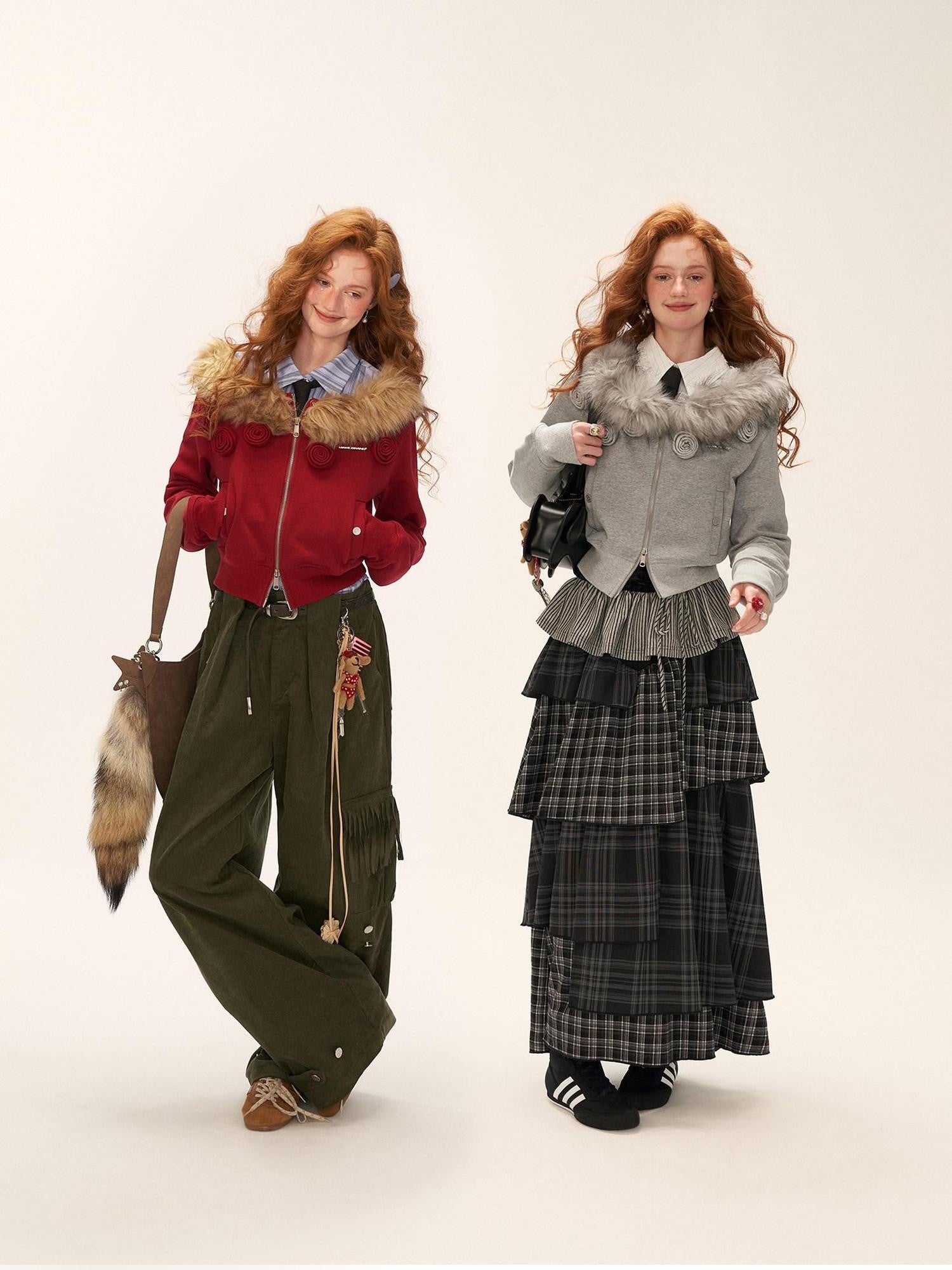 mamc Asymmetric Shoulder Detachable Fur Collar Dual Zip Floral Women's Cropped Jackets