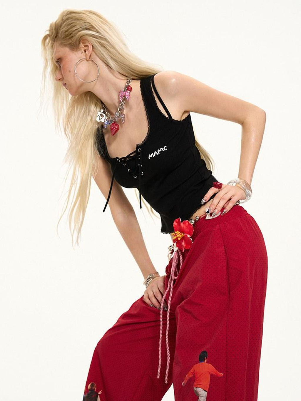 mamc Beaded Letter Faux Two Piece Tie Slim Women's Cotton Blend Tank Tops