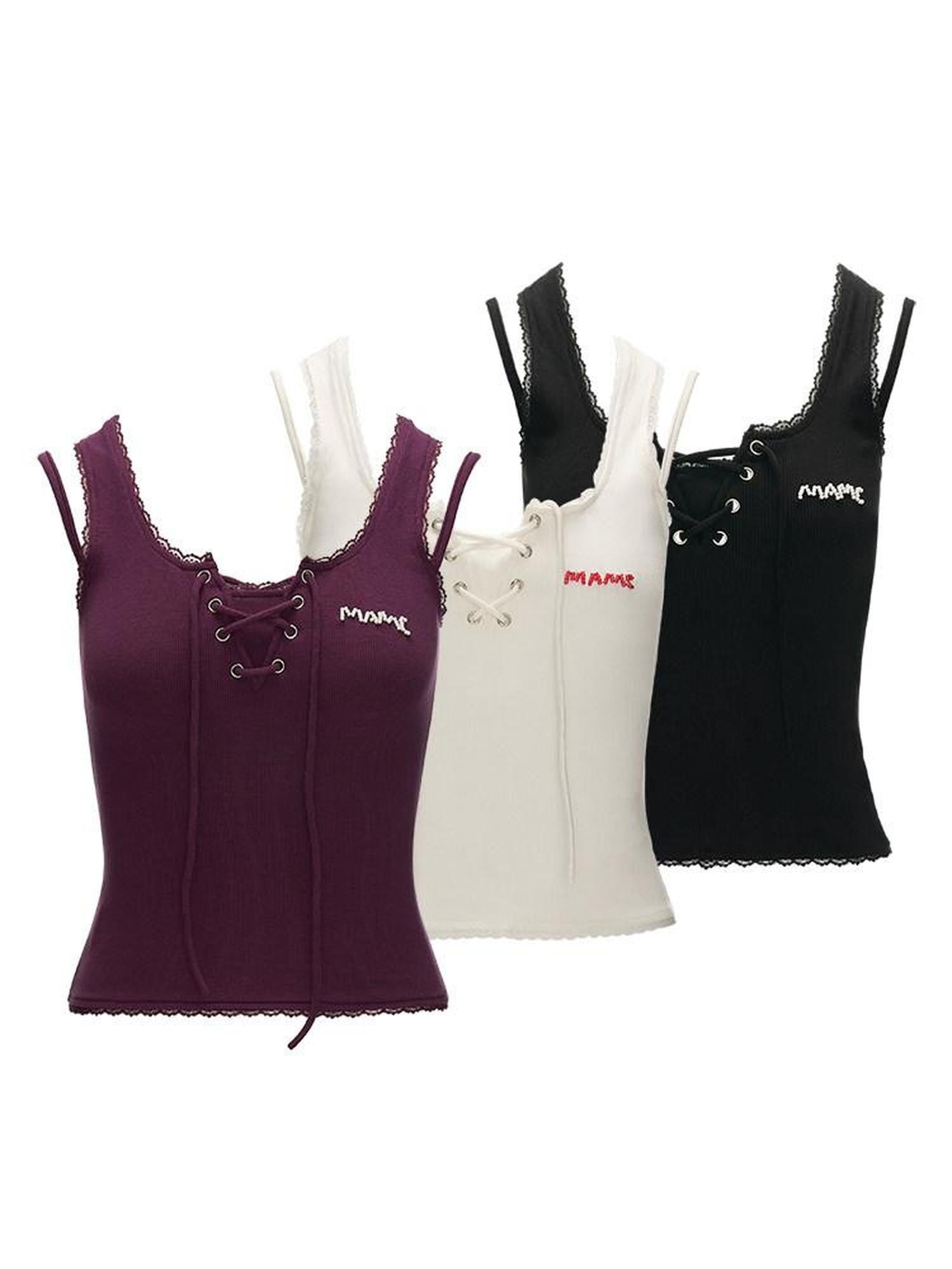 mamc Beaded Letter Faux Two Piece Tie Slim Women's Cotton Blend Tank Tops
