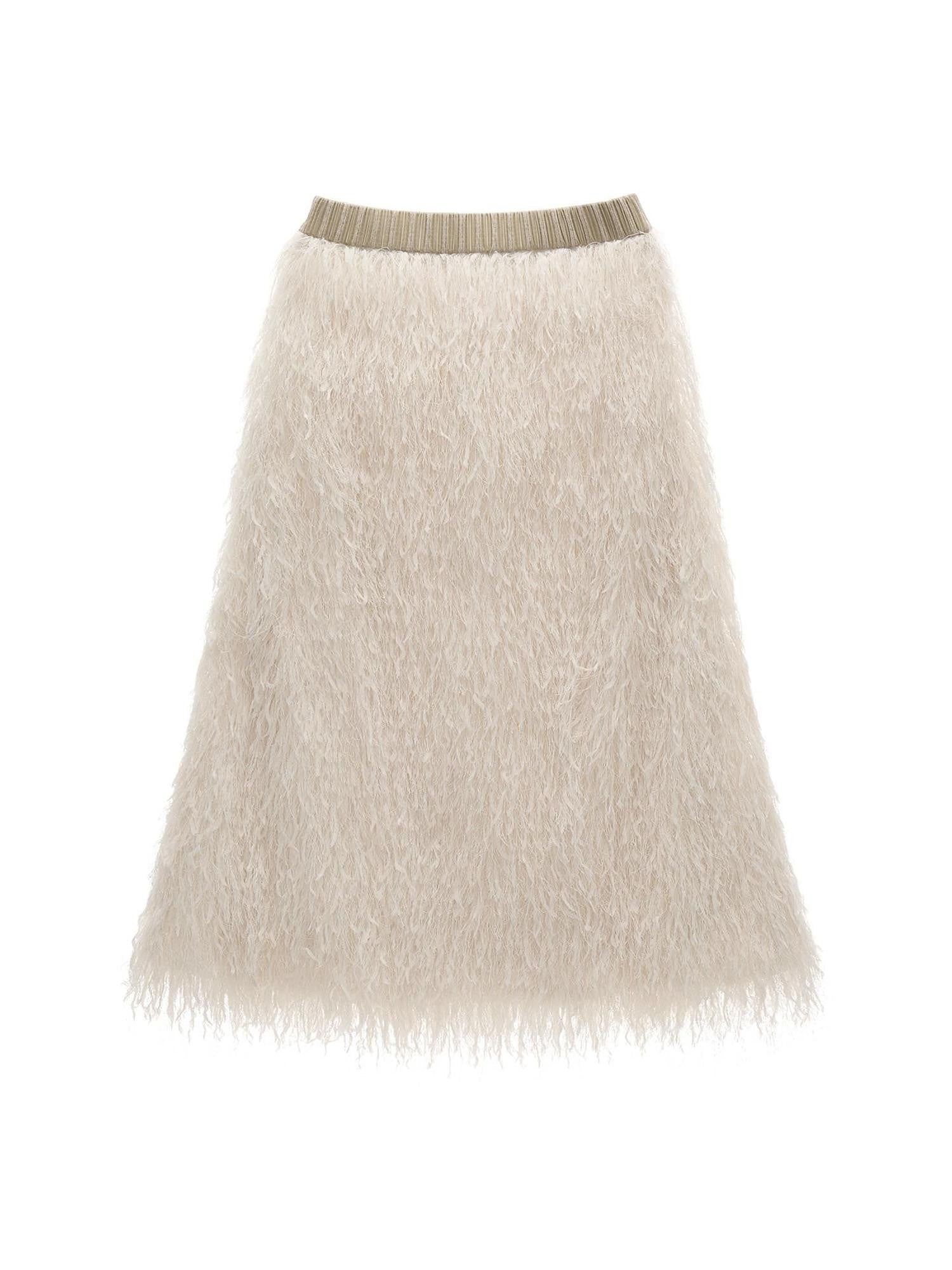 mamc Beige Dimensional Feather Fringe Women's Polyester Blend Midi Skirts