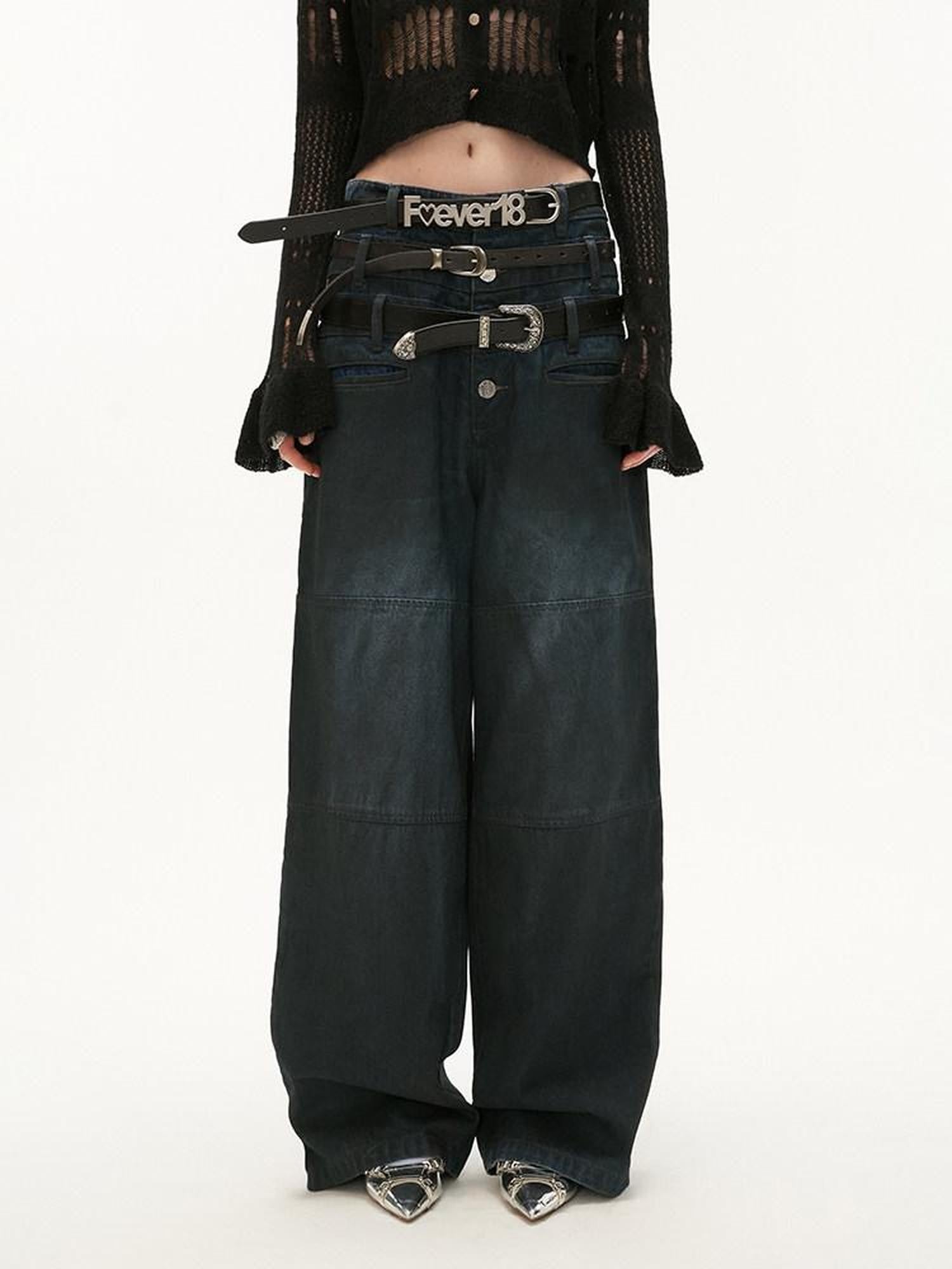 mamc Black American Vintage Triple Waist Slimming Women's Cotton Blend Wide-leg Jeans