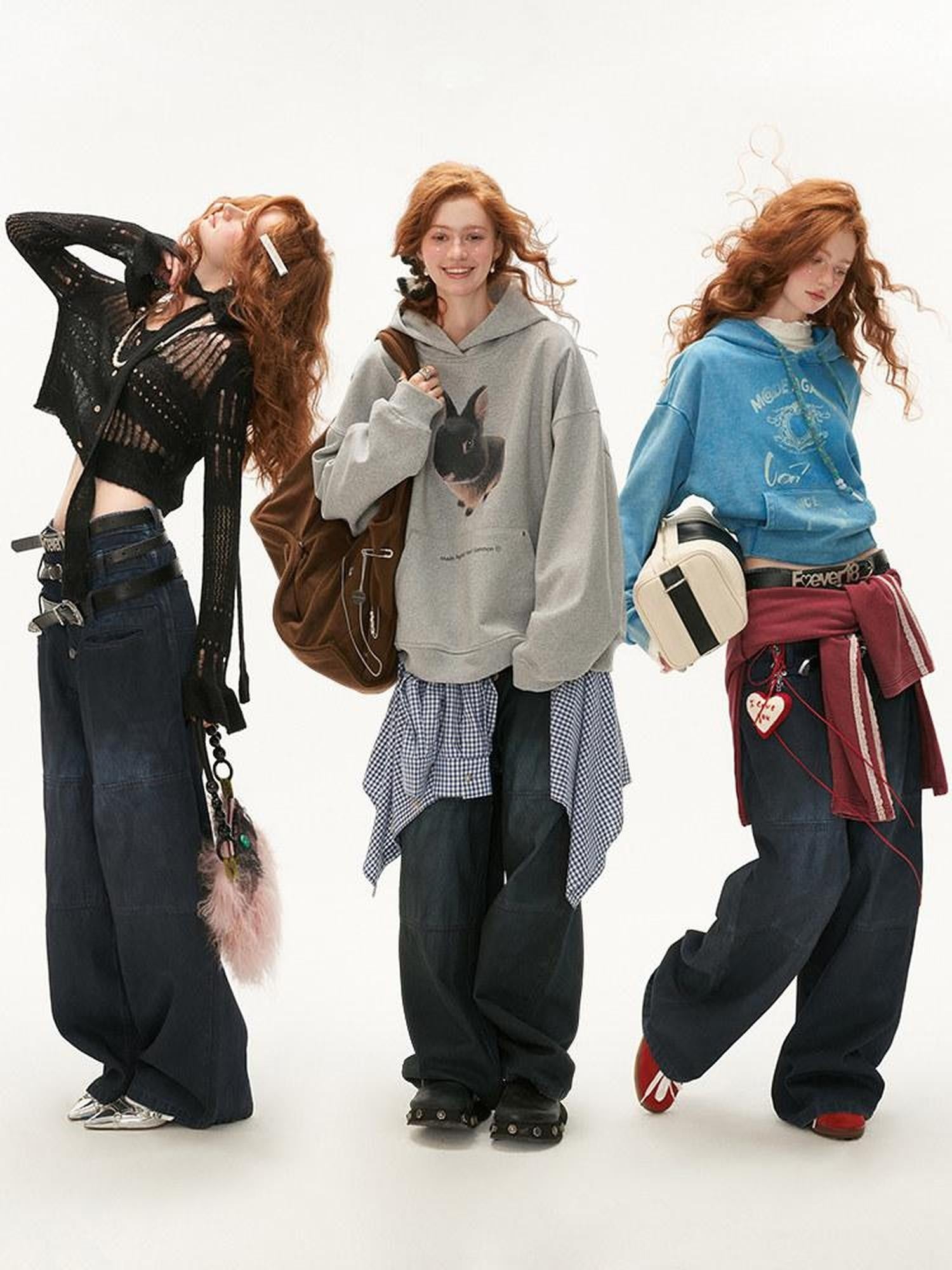 mamc Black American Vintage Triple Waist Slimming Women's Cotton Blend Wide-leg Jeans