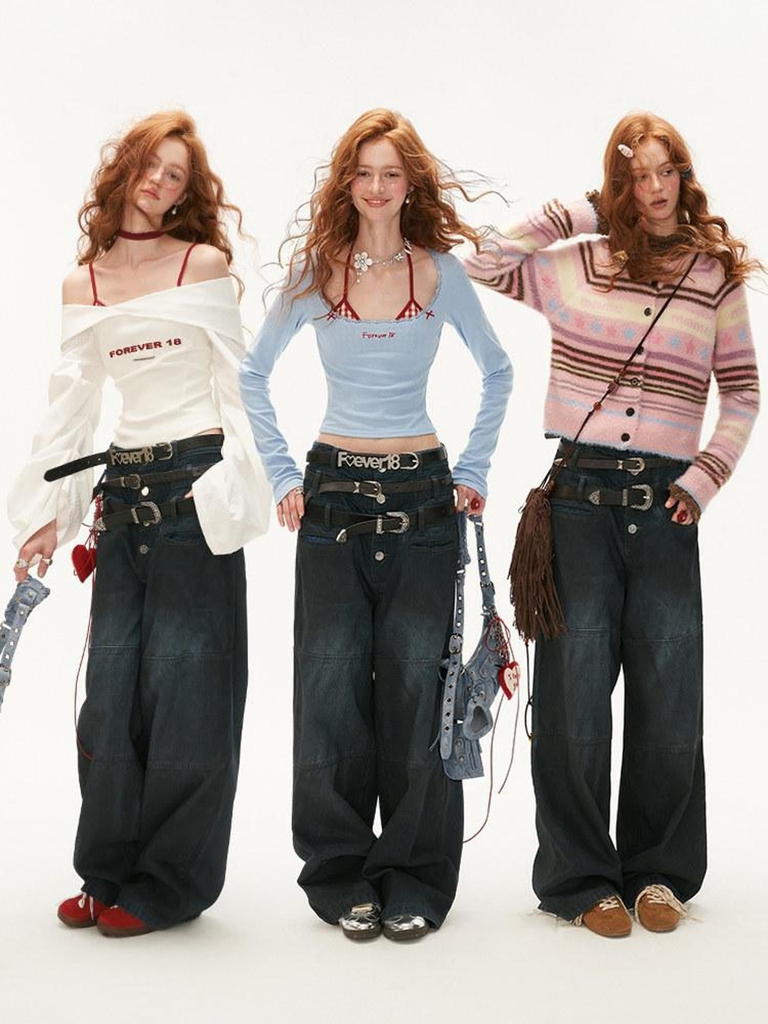 mamc Black American Vintage Triple Waist Slimming Women's Cotton Blend Wide-leg Jeans