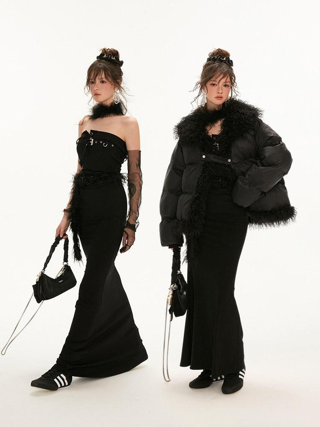mamc Black Cinched Mermaid Bandeau Women's Polyester Spandex Strapless Maxi Dresses
