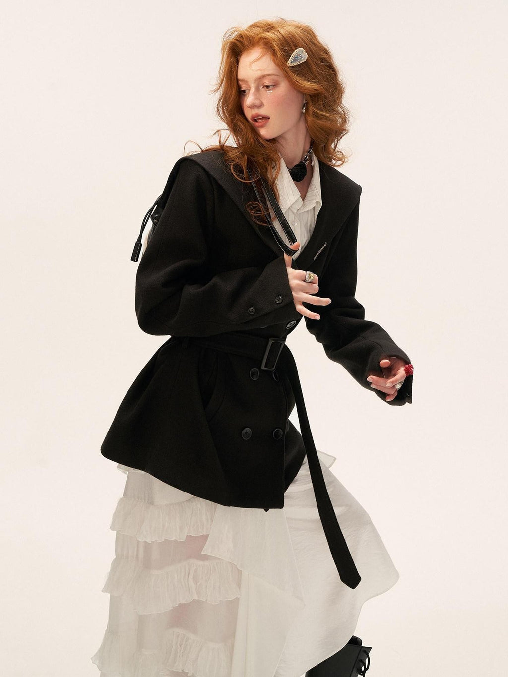 mamc Black Double Breasted Lapel Tailored Women's Polyester Blend Short Coats