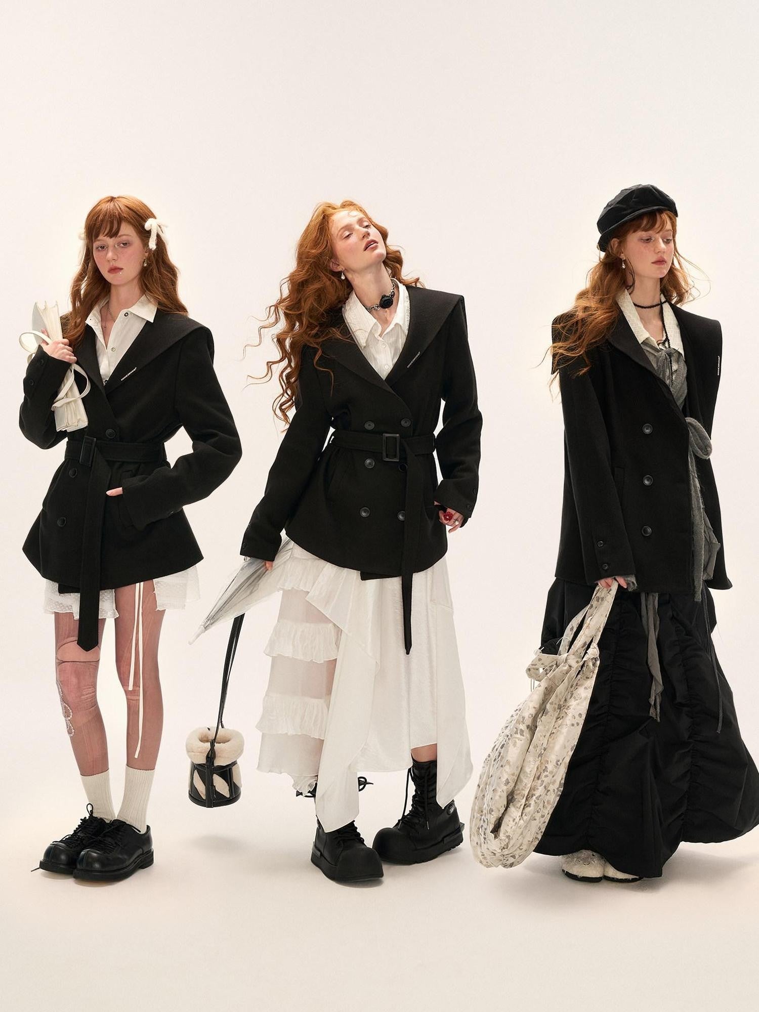 mamc Black Double Breasted Lapel Tailored Women's Polyester Blend Short Coats