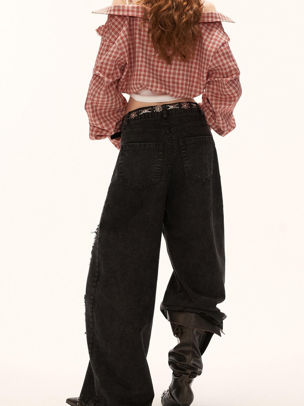 mamc Black Frayed Hem Ripped Loose Fit Women's Cotton Straight-leg Jeans
