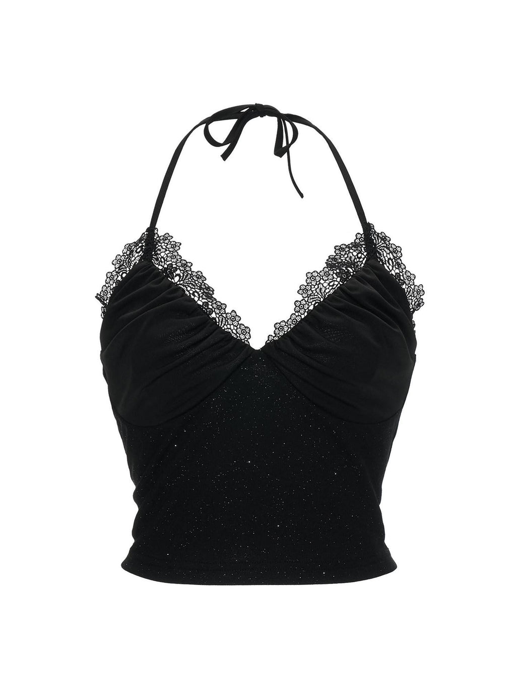 mamc Black Ruched V-neck Cropped Fitted Women's Cotton Blend Halter Tops