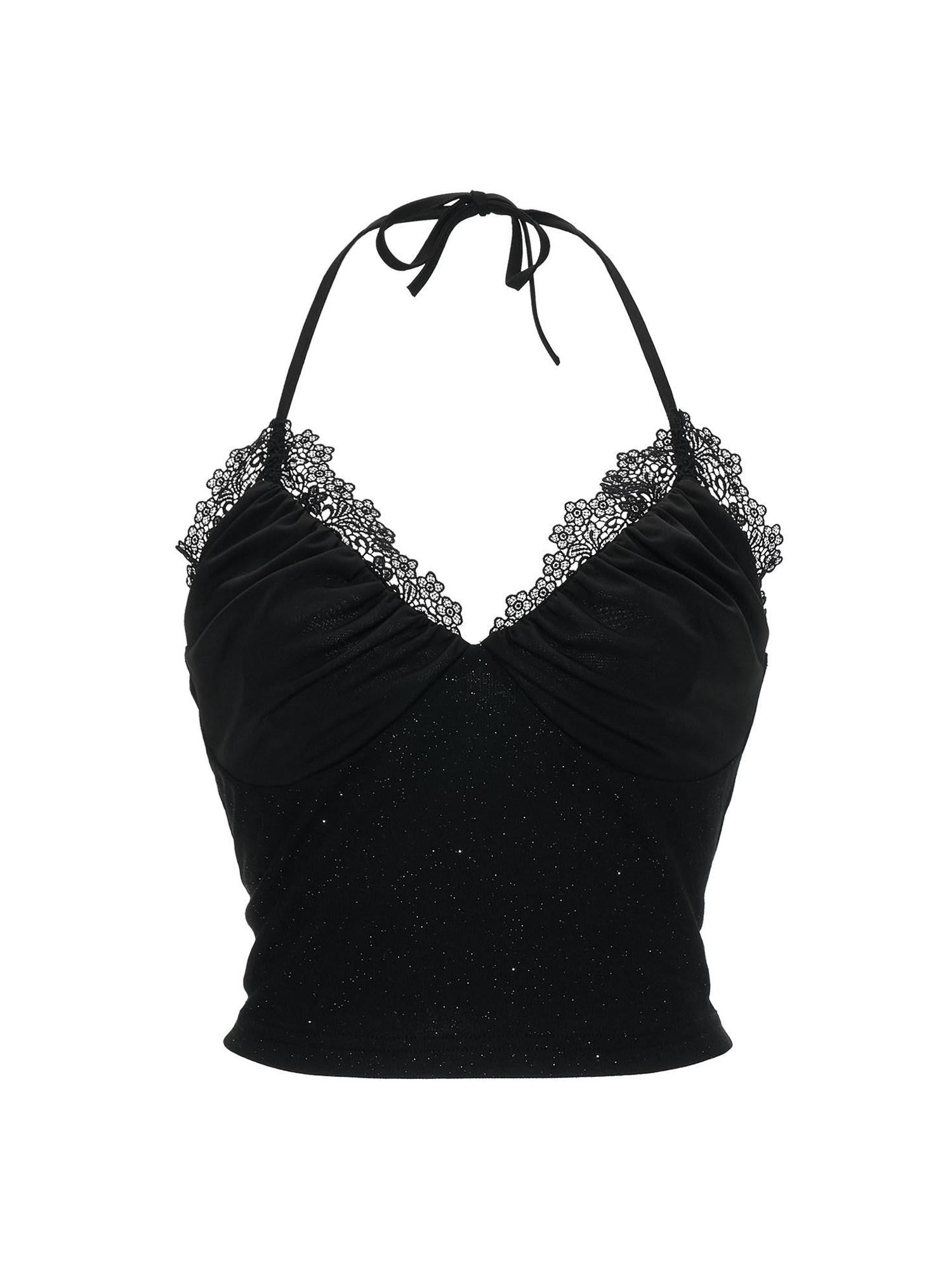 mamc Black Ruched V-neck Cropped Fitted Women's Cotton Blend Halter Tops