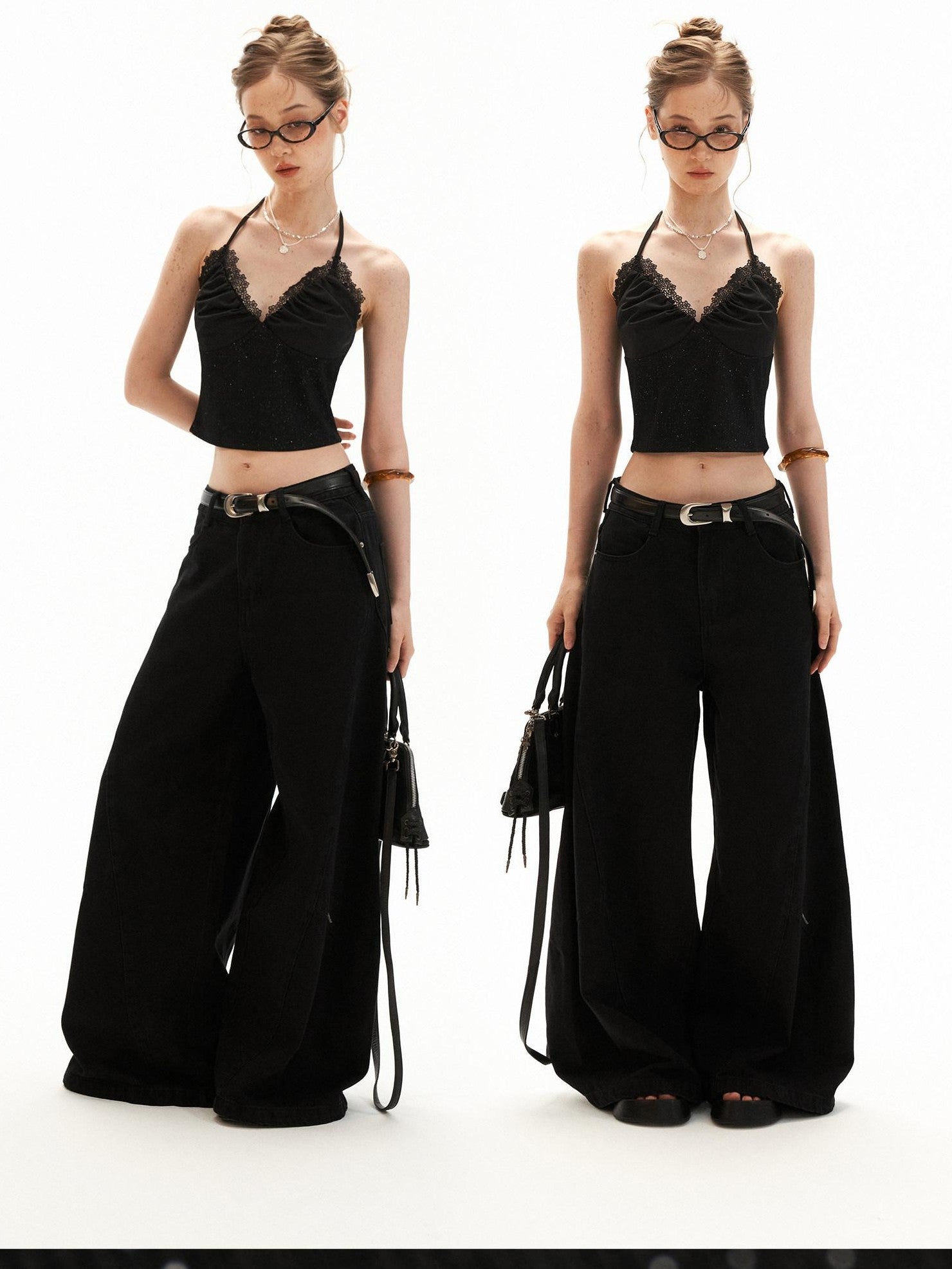 mamc Black Ruched V-neck Cropped Fitted Women's Cotton Blend Halter Tops