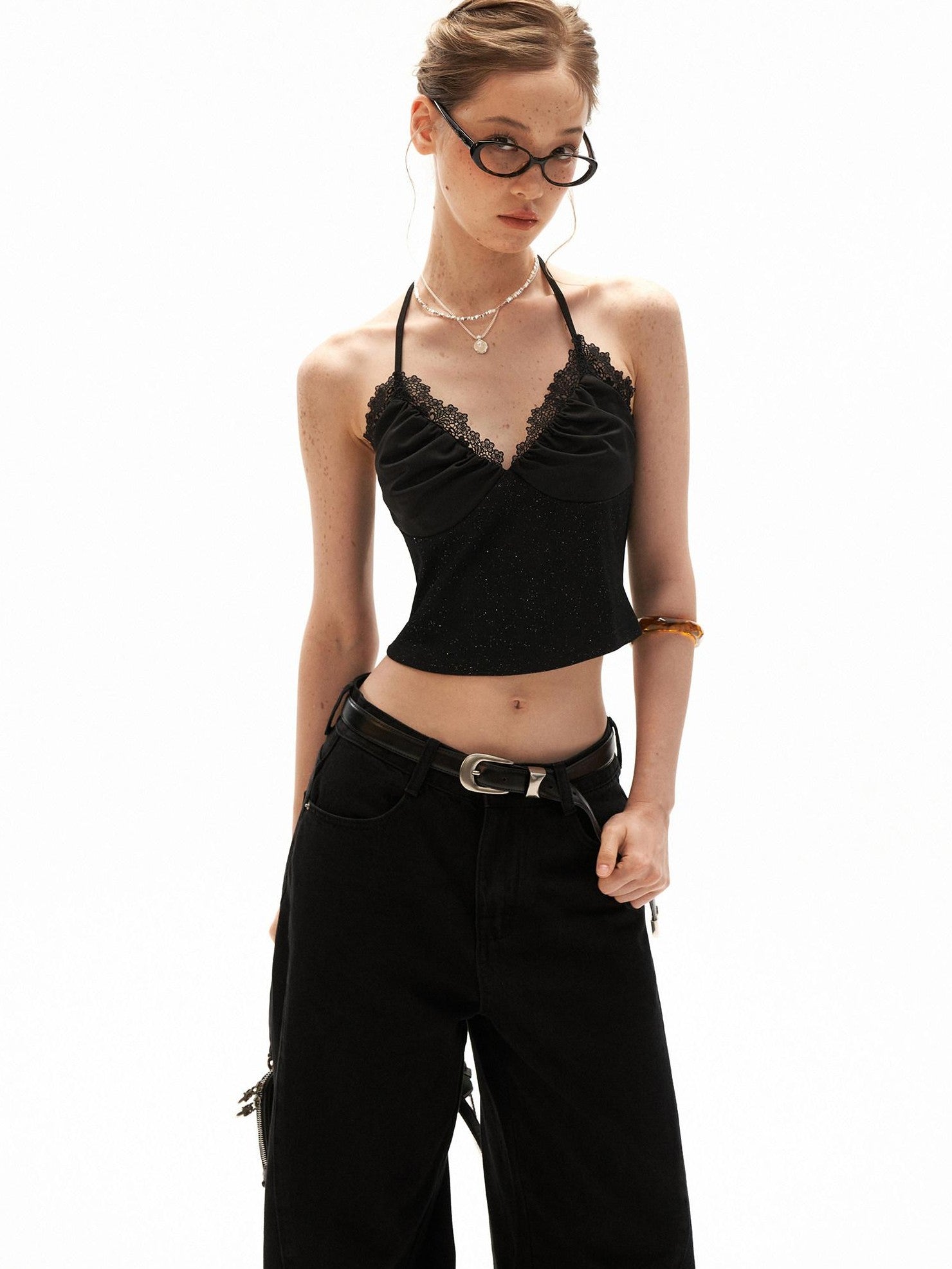 mamc Black Ruched V-neck Cropped Fitted Women's Cotton Blend Halter Tops