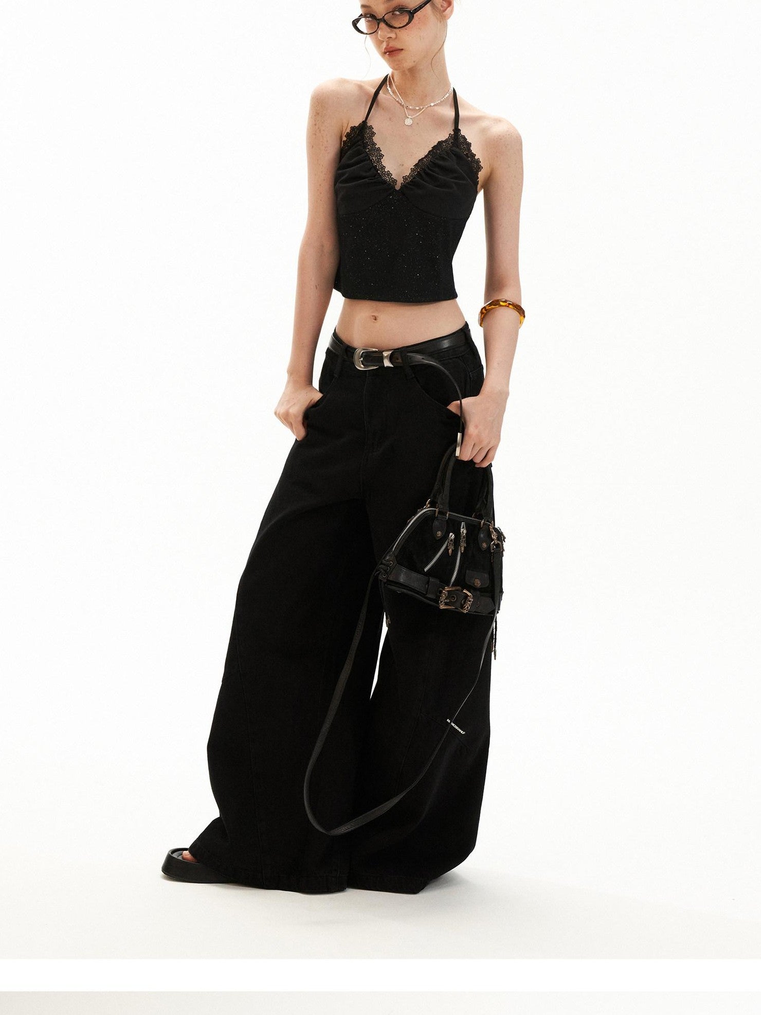 mamc Black Ruched V-neck Cropped Fitted Women's Cotton Blend Halter Tops