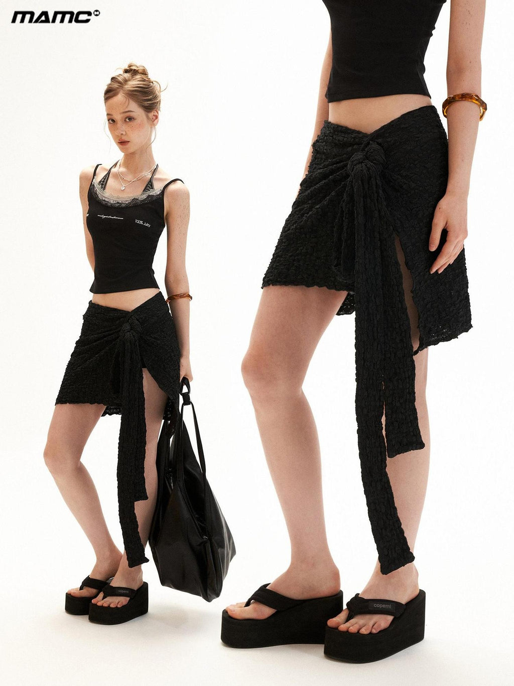 mamc Black Tie Side Slit Asymmetrical Low Waist Women's Cotton Mini Skirts