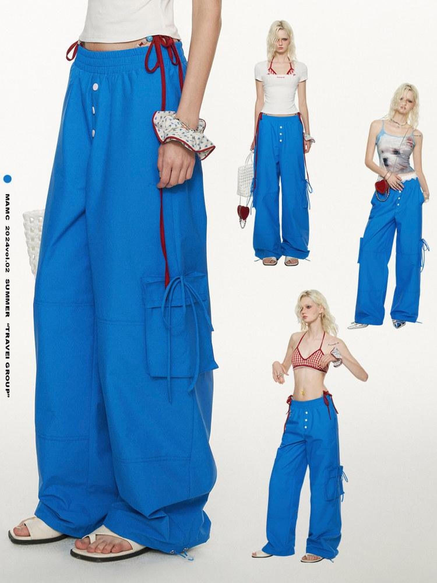 mamc Blue Bow Tie Strap Pocket Relaxed Women's Polyester Straight-leg Pants