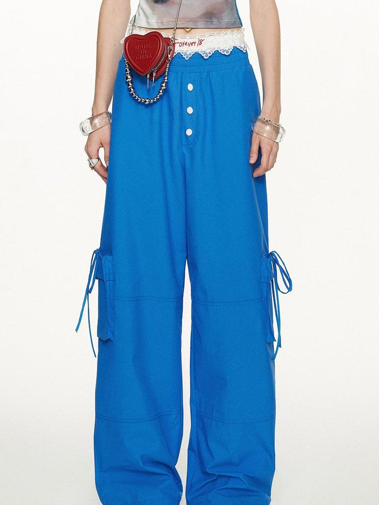mamc Blue Bow Tie Strap Pocket Relaxed Women's Polyester Straight-leg Pants