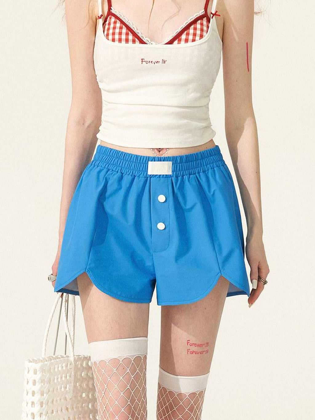 mamc Blue Button High Waist Loose Wide Leg Women's Polyester Running Shorts