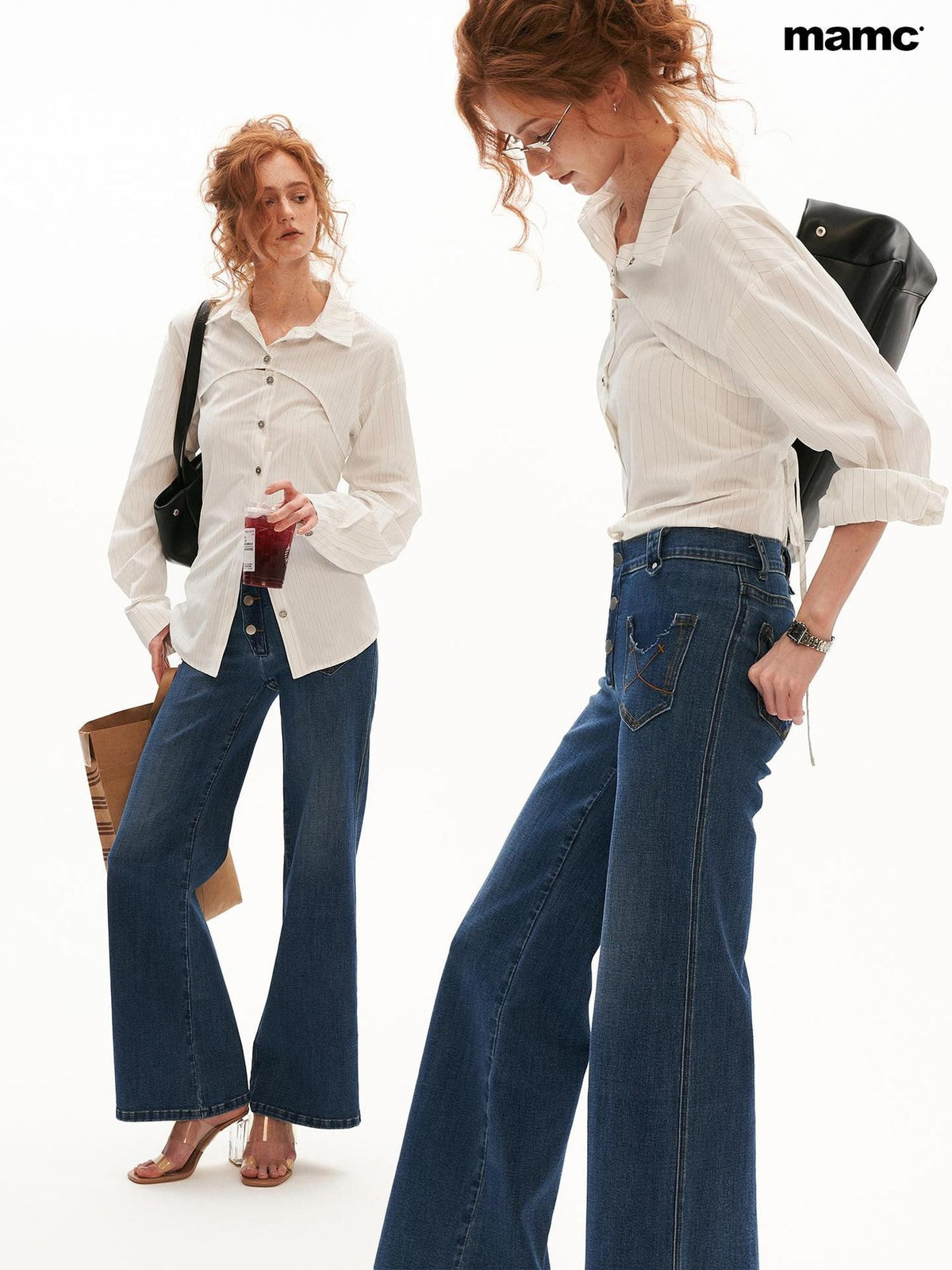 mamc Blue Distressed Pocket Soft Stretch Cotton Women's Flare Jeans